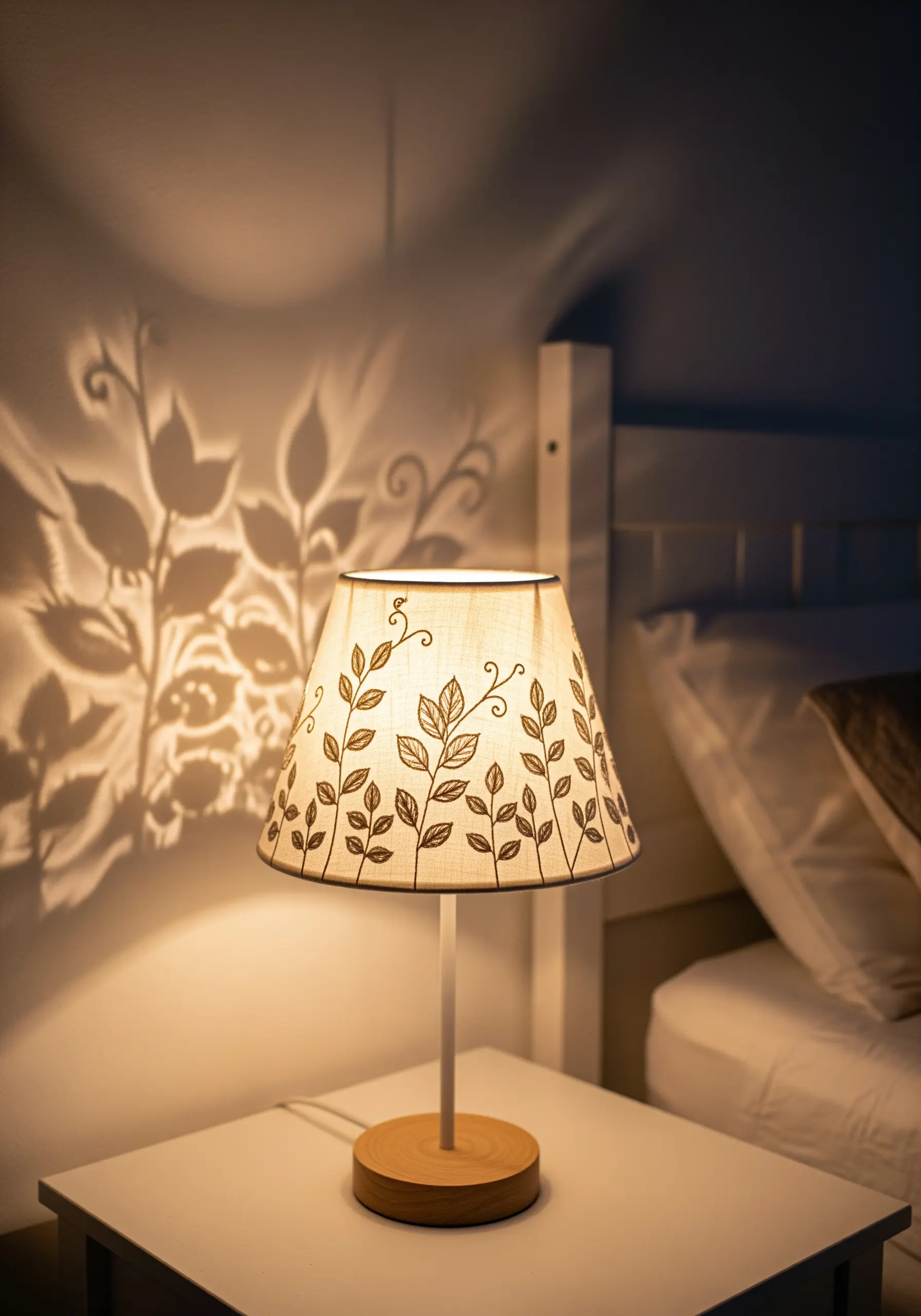 A fabric lampshade with an embroidered leaf pattern casting shadows on the wall behind it.