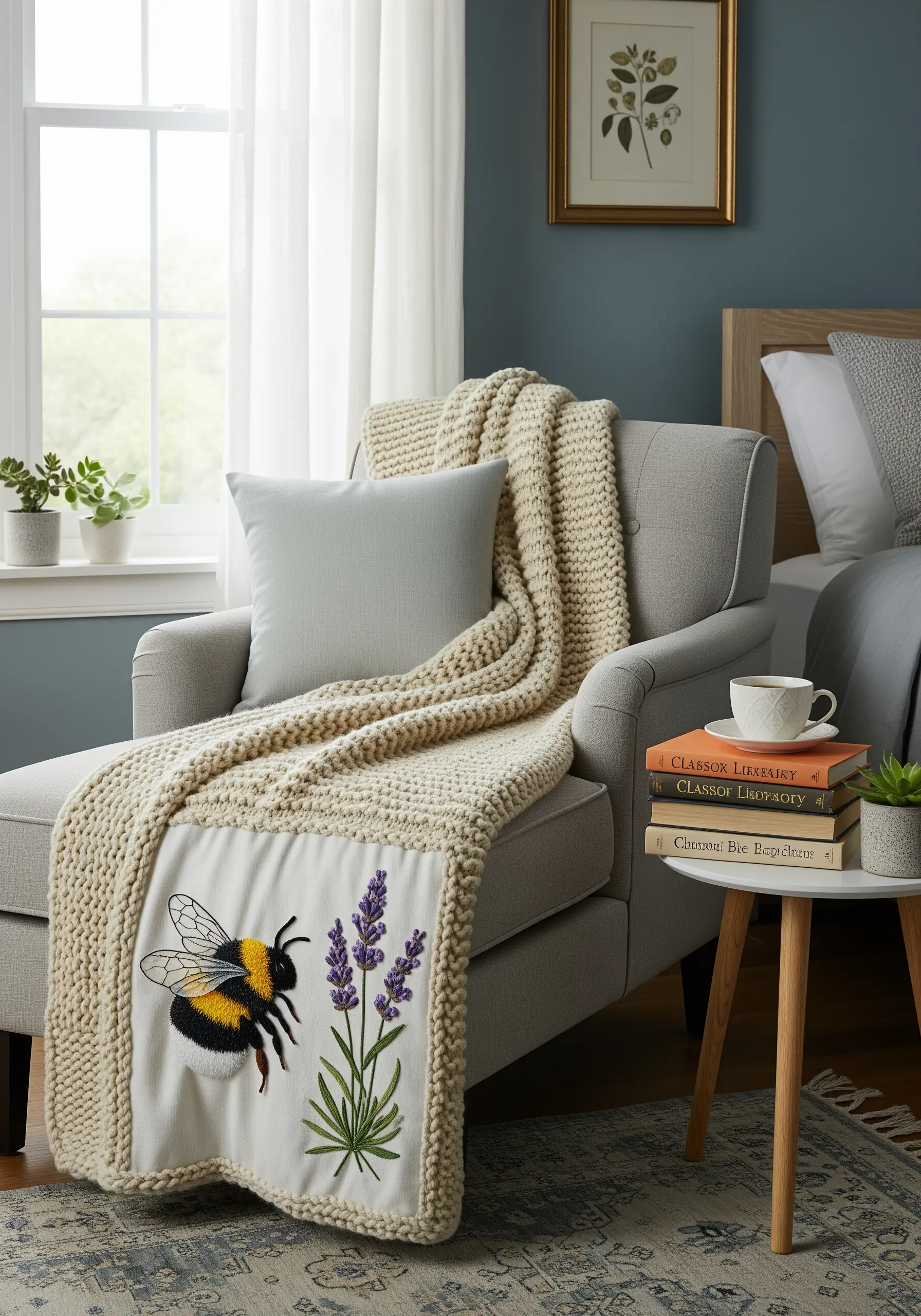 A chunky knit throw with a large, appliquéd embroidered patch of a bee and lavender.