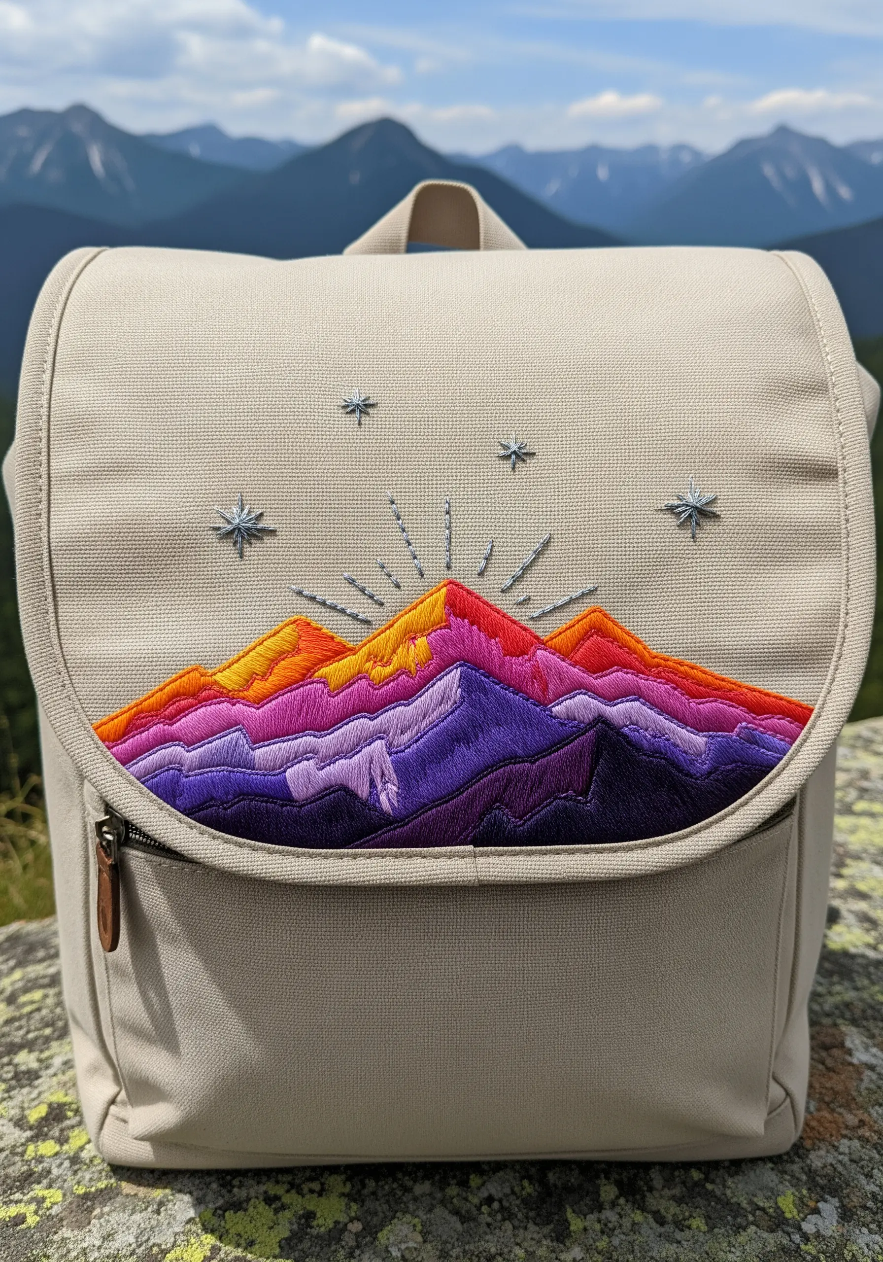 A colorful embroidered sunset over a mountain range on the flap of a canvas backpack.