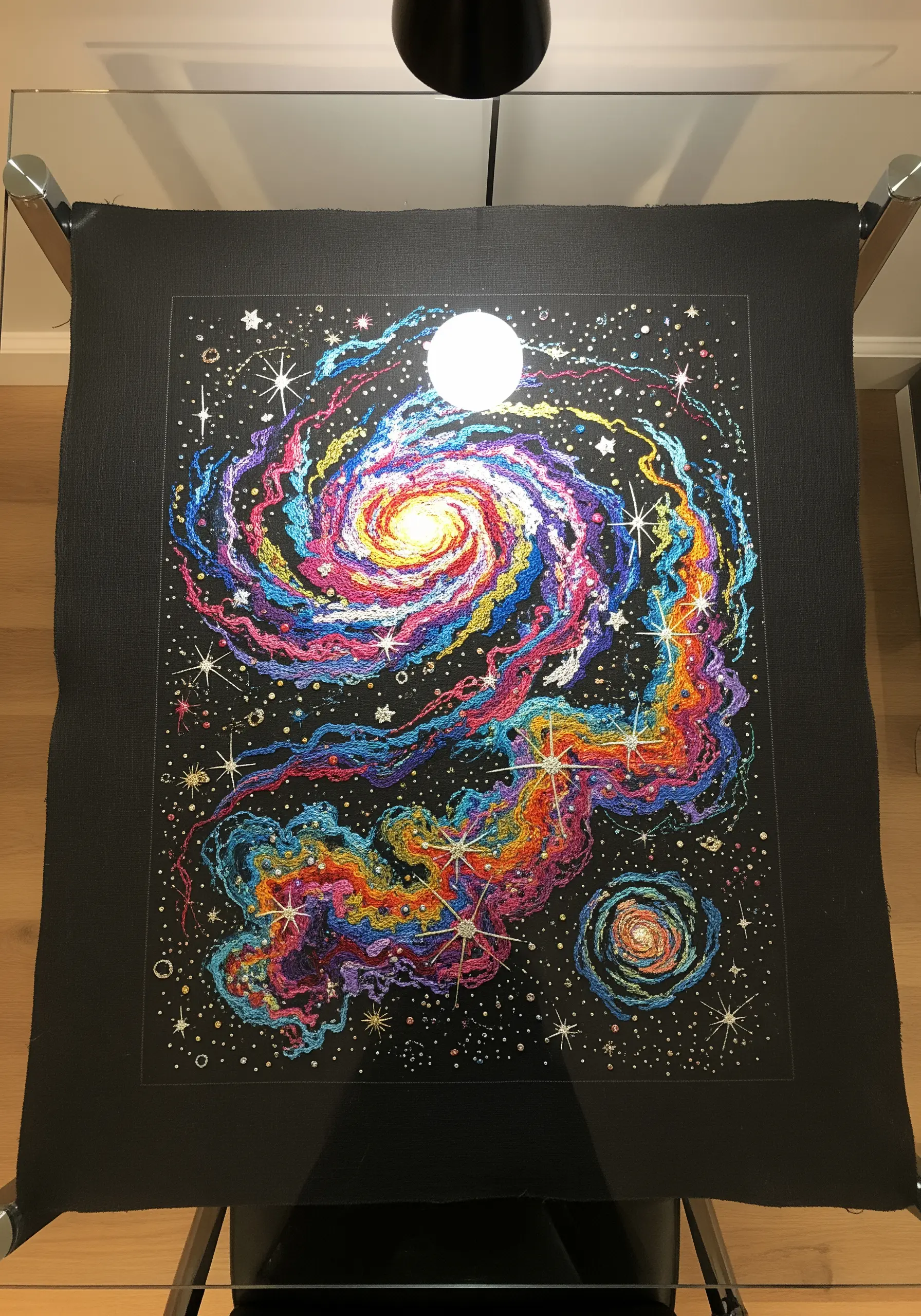 A large, vibrant embroidery of a spiral galaxy on black fabric.