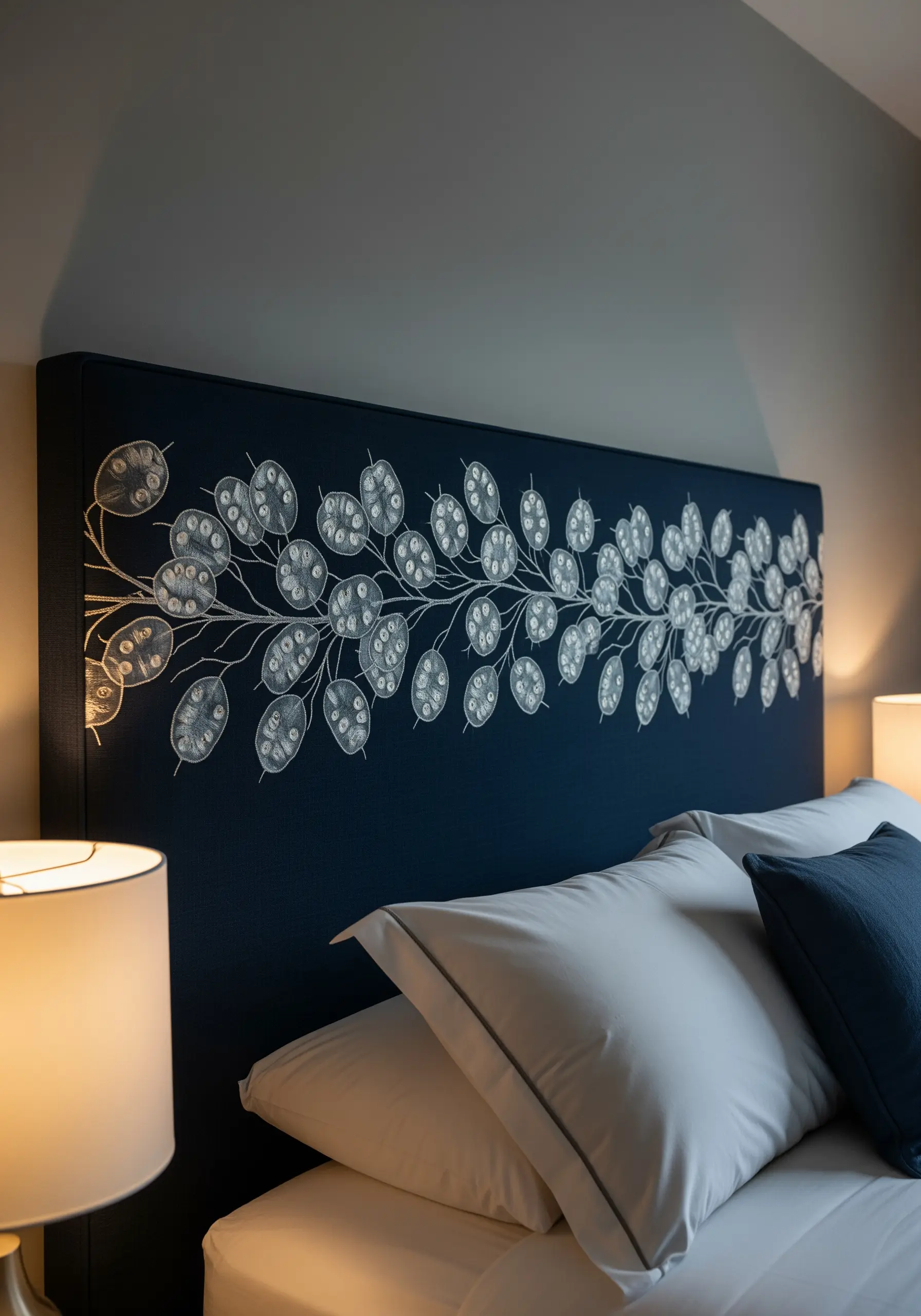 A dark blue upholstered headboard embroidered with a sprawling white Honesty Plant design.