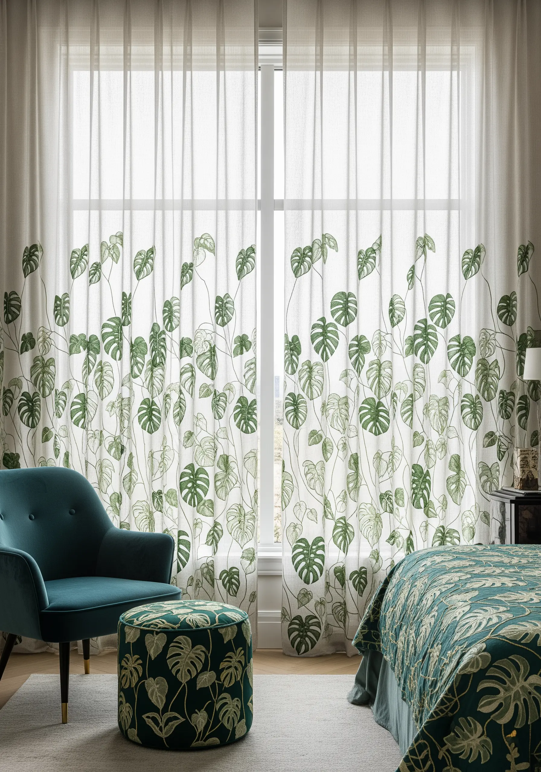 Sheer white curtains featuring delicate green embroidery of climbing Monstera plants.