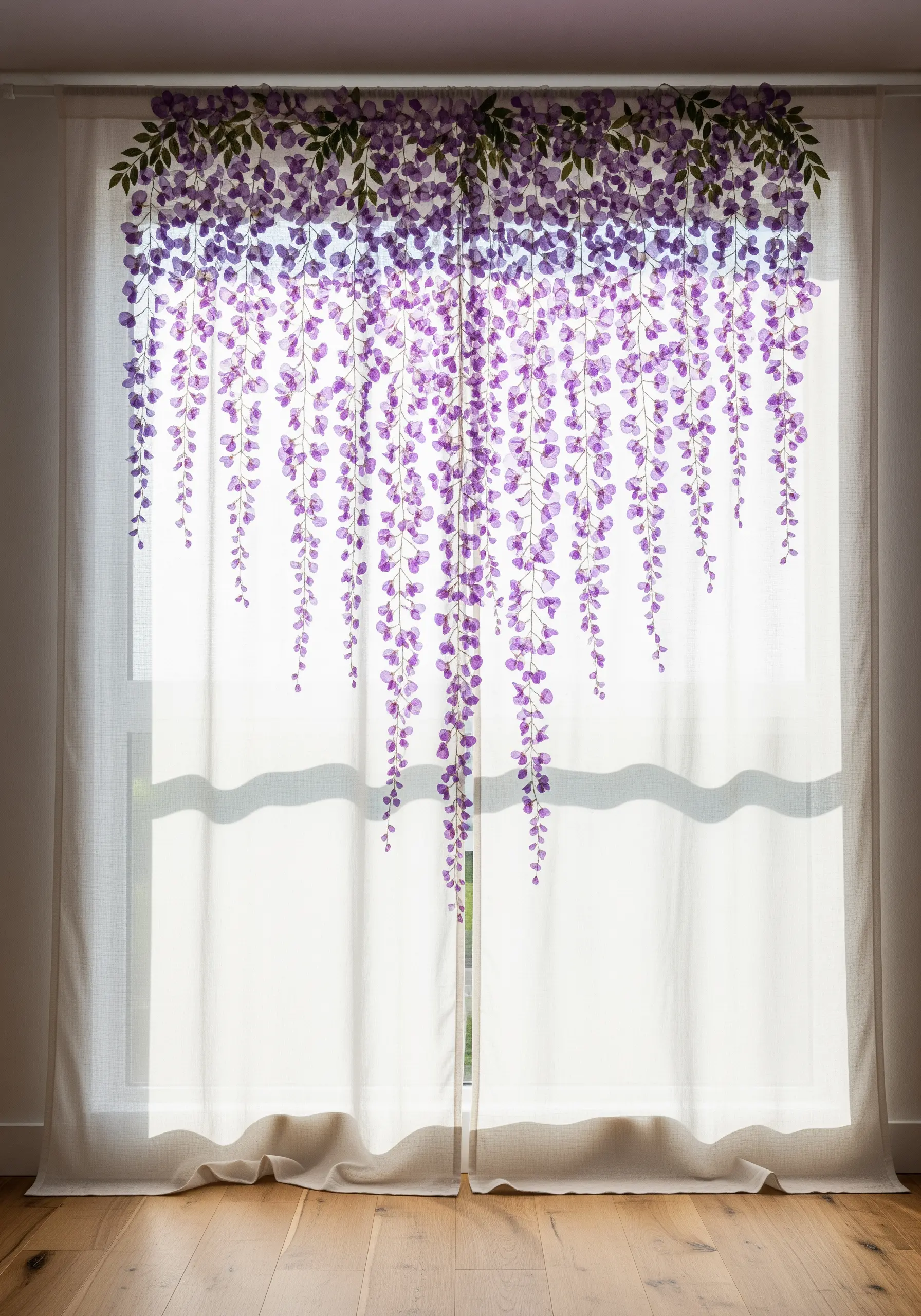 Sheer white curtains with a cascade of purple wisteria embroidered along the top.
