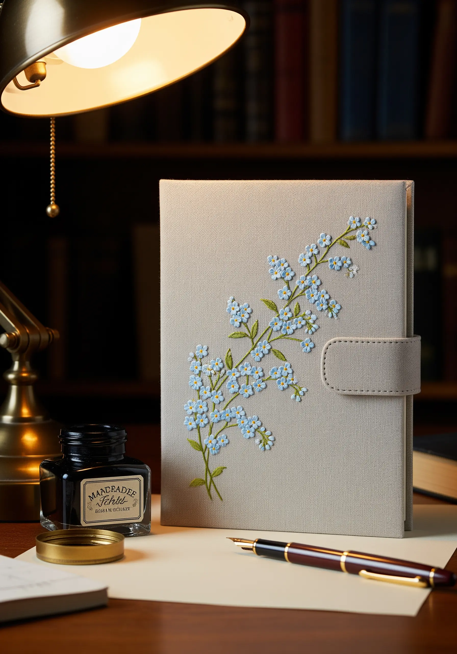 A gray journal with a delicate branch of blue forget-me-nots embroidered on the cover.