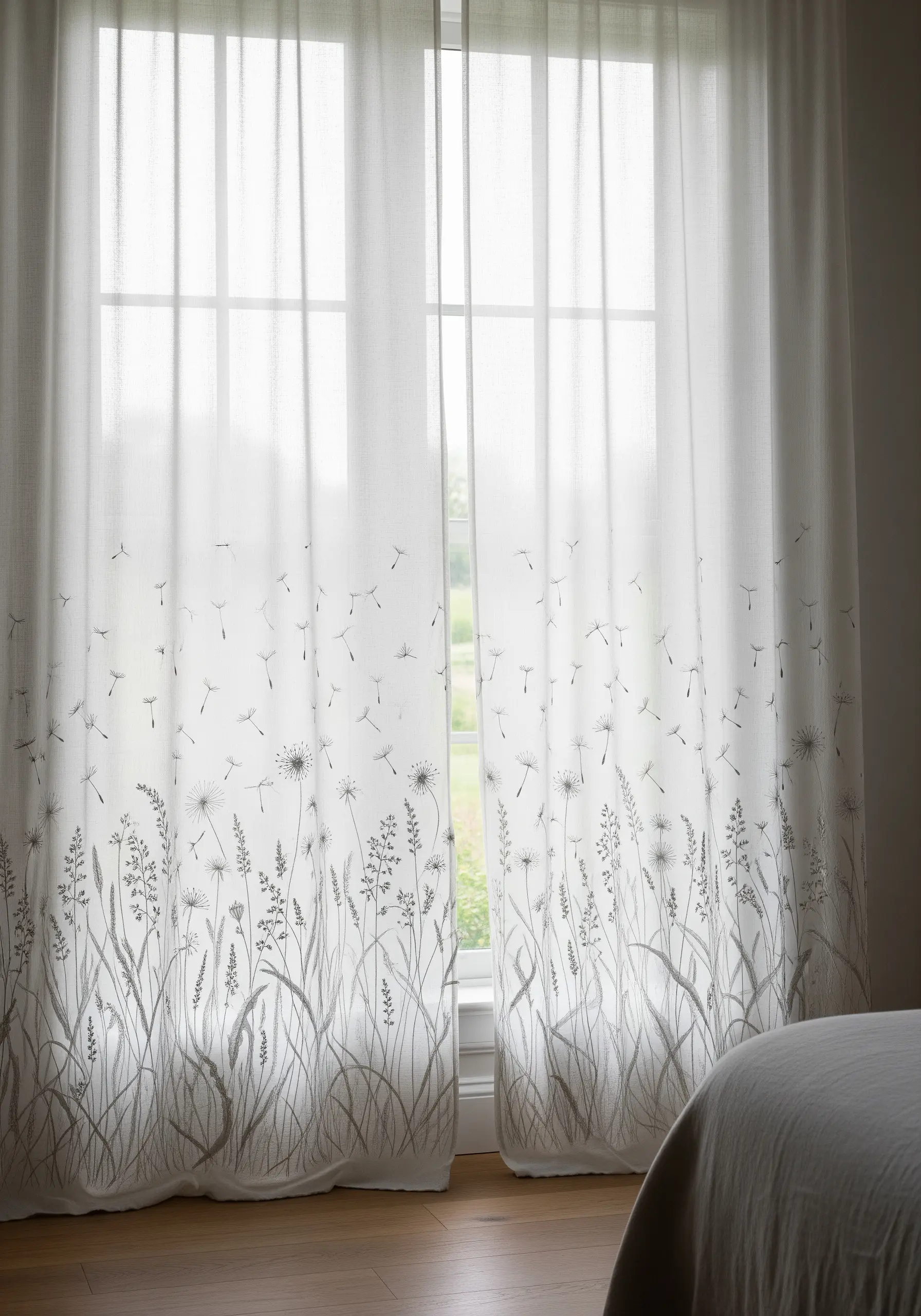 Minimalist grey-thread dandelion embroidery along the bottom of sheer white curtains.