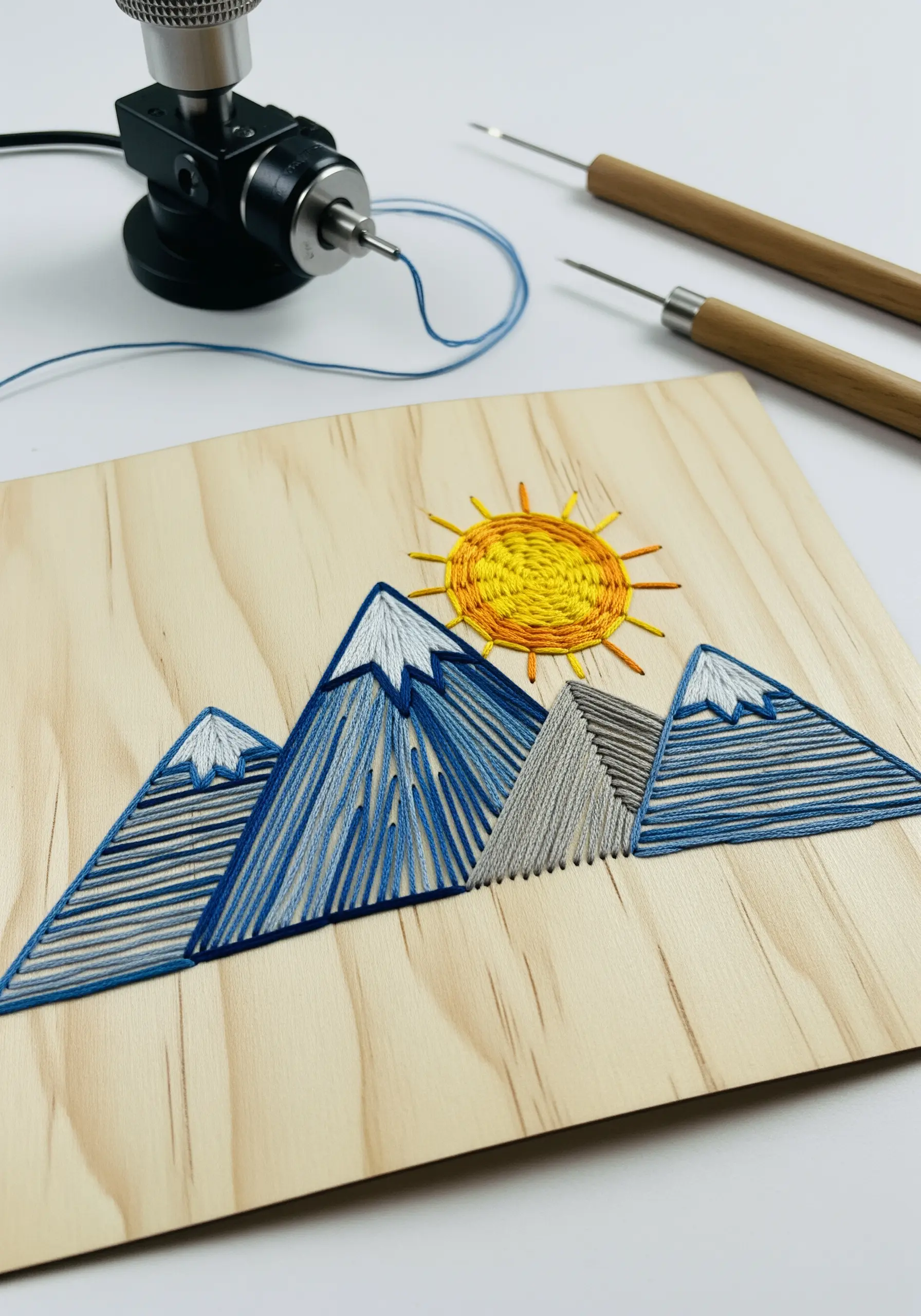 A geometric mountain landscape embroidered with blue and gray threads directly onto a wooden panel.