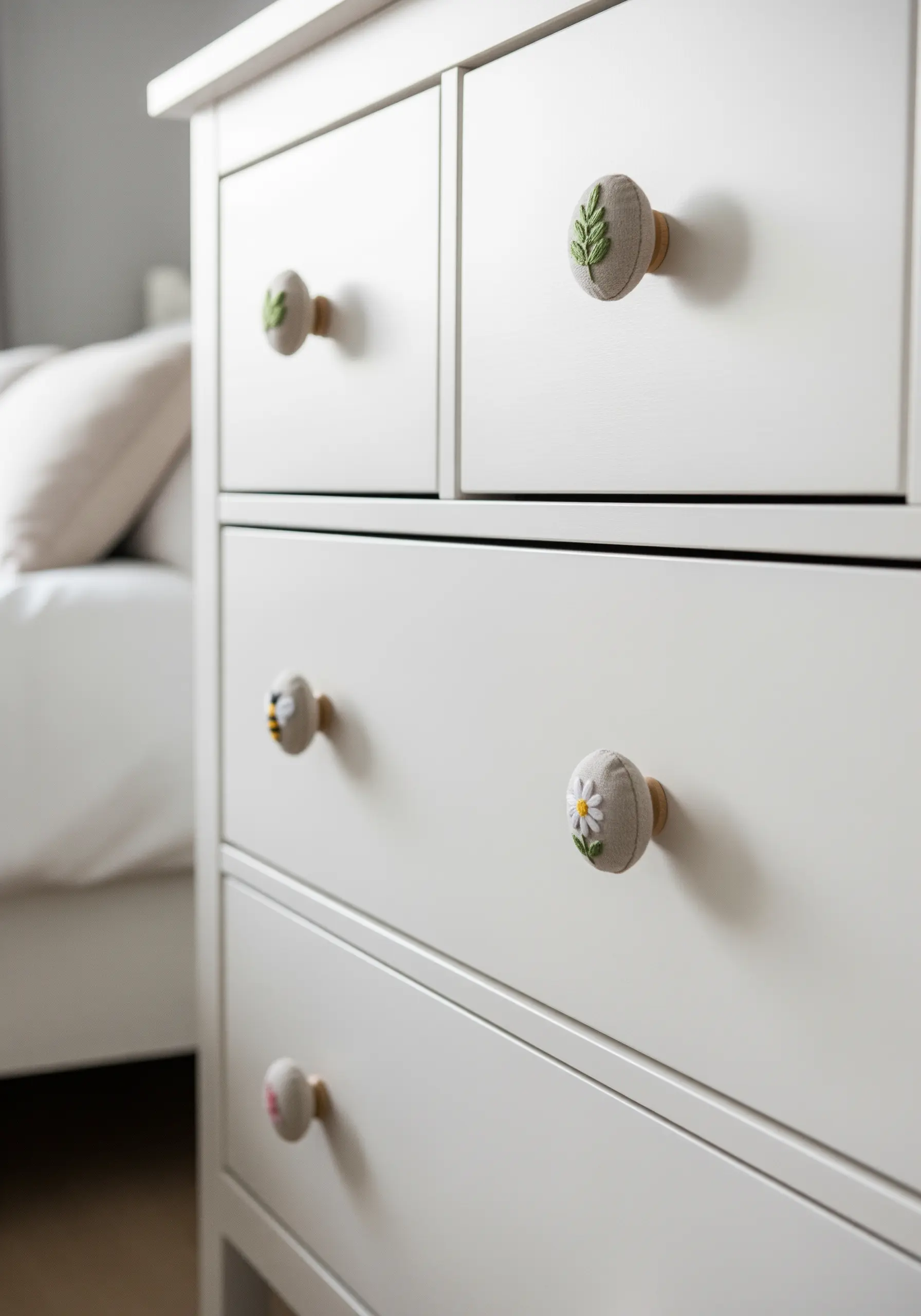 White dresser with custom drawer knobs covered in fabric with tiny embroidered botanicals