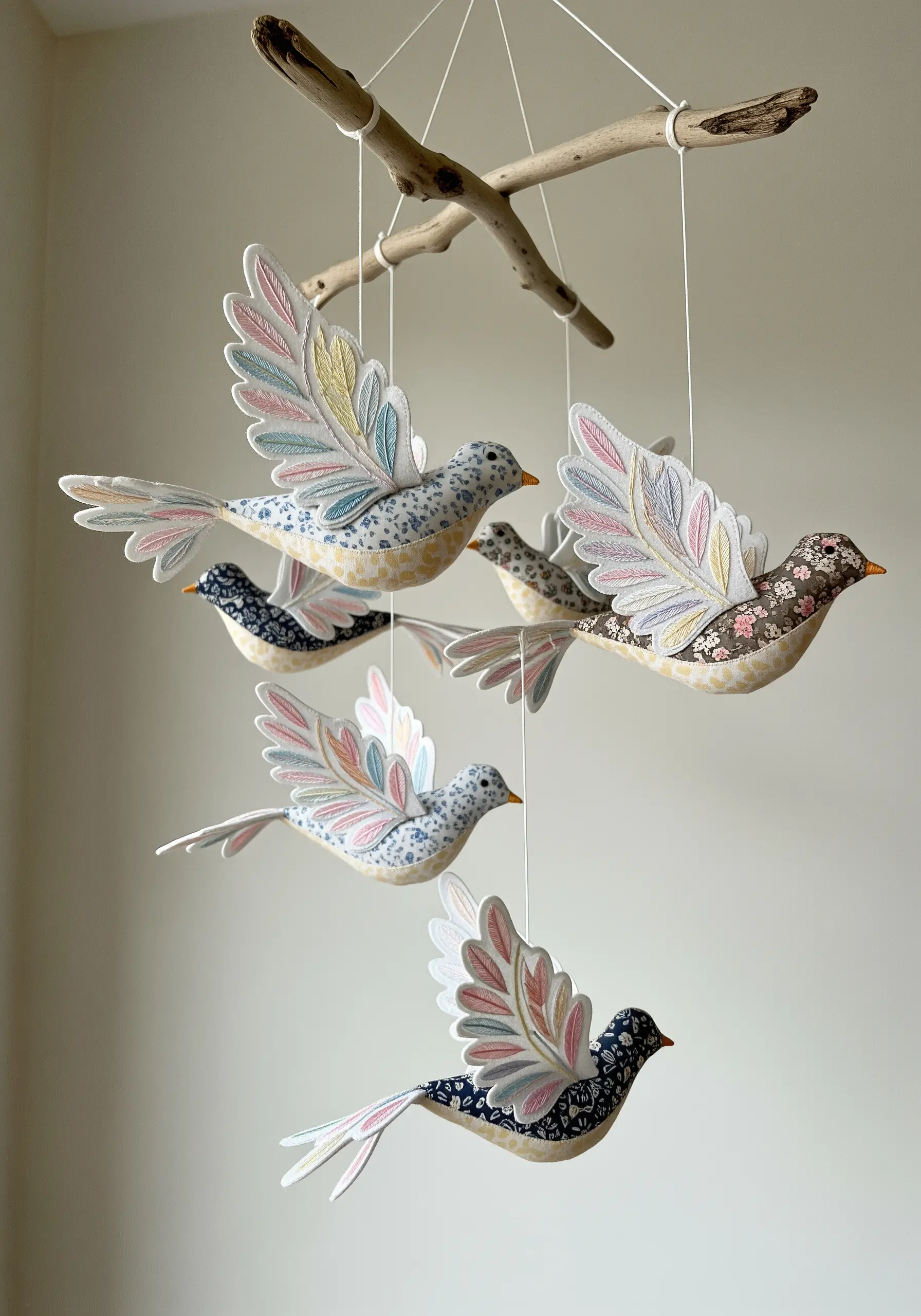 A delicate mobile of hand-stitched birds with embroidered pastel wings, hanging from a branch.