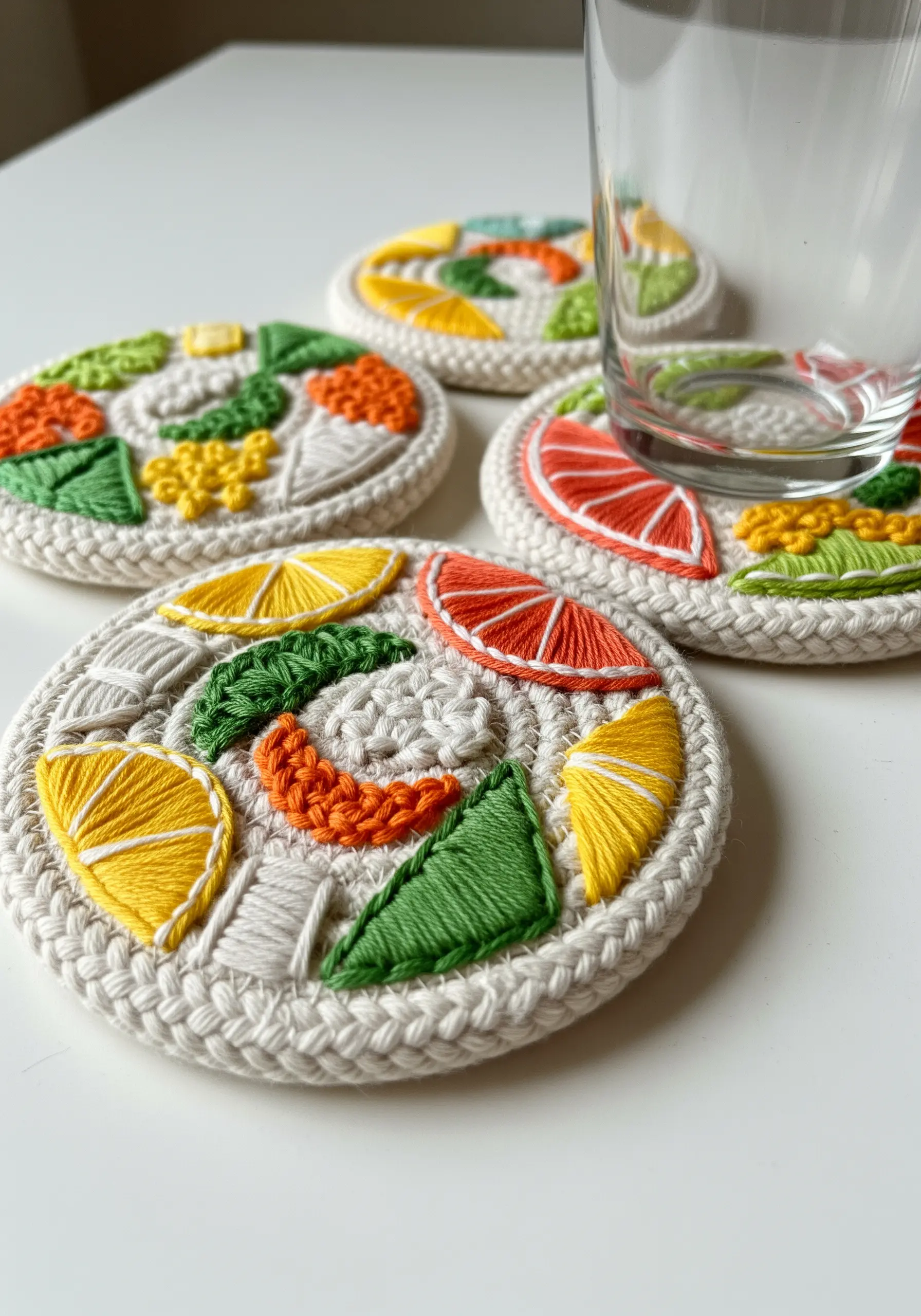Four embroidered coasters with colorful fruit and leaf motifs on a braided rope base.