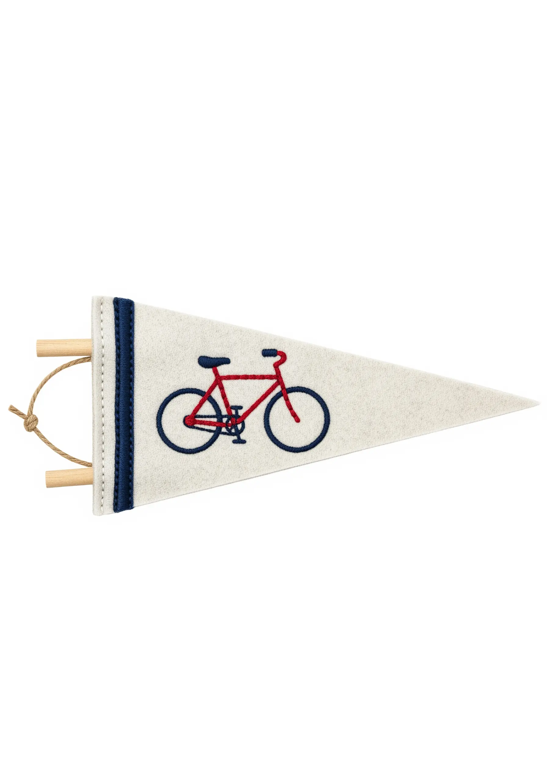 A red and navy bicycle embroidered on a cream-colored felt pennant flag.
