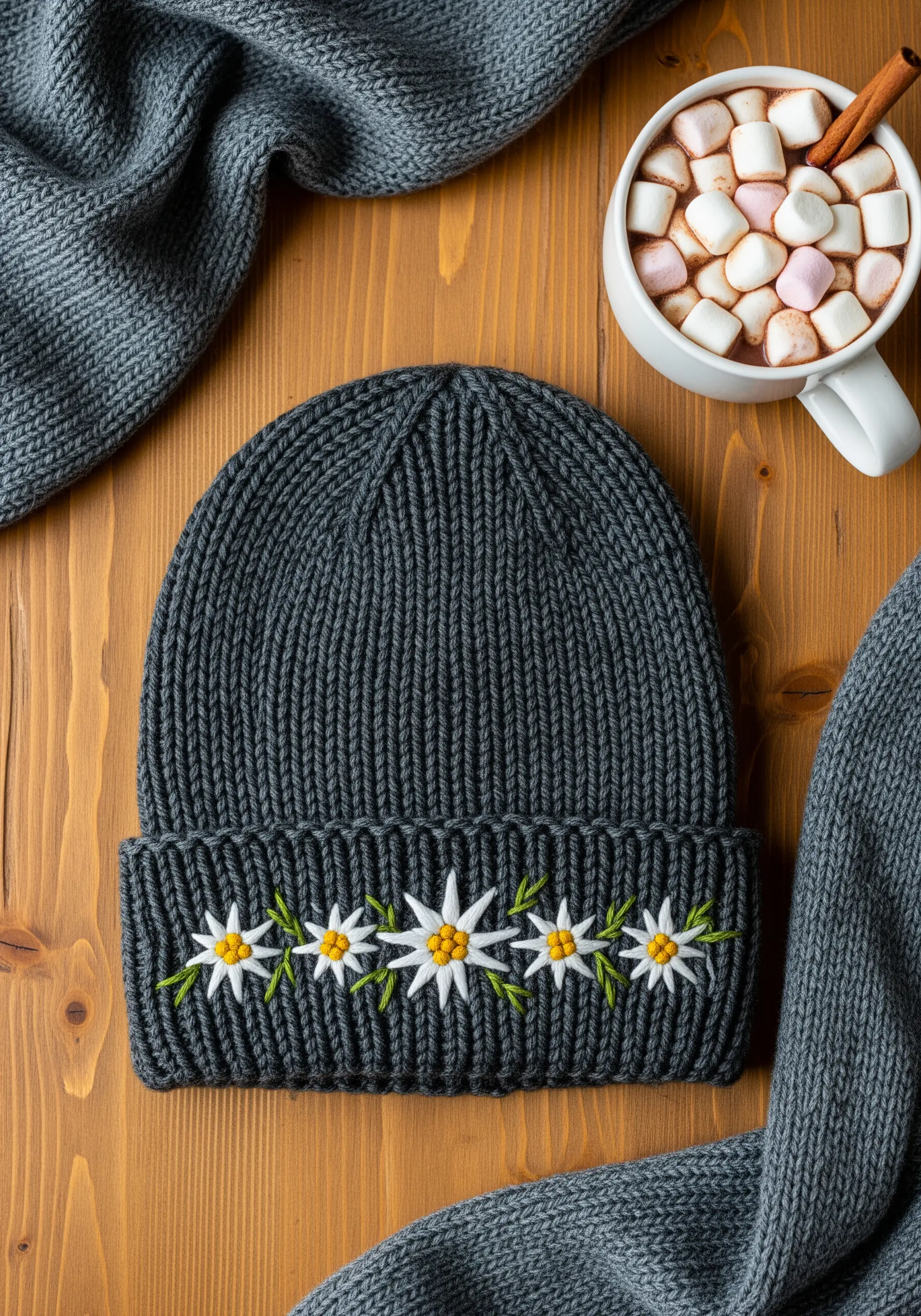A close-up of a dark gray knit beanie with embroidered edelweiss flowers