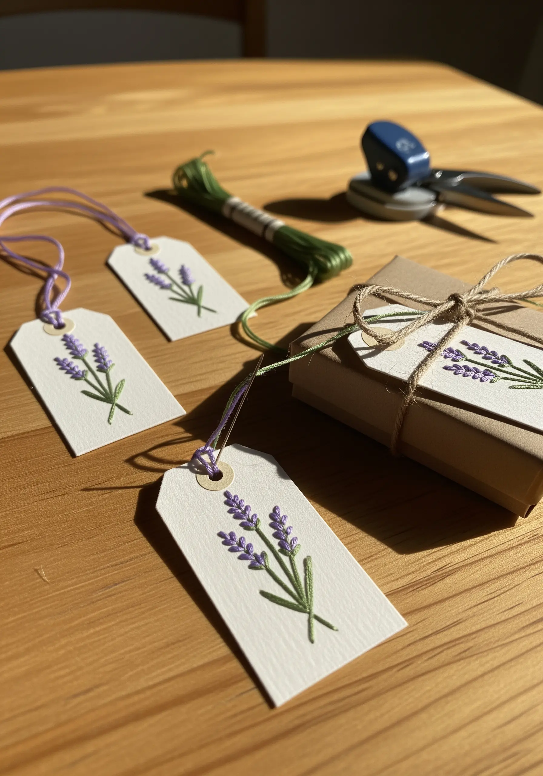 Delicate lavender sprigs embroidered onto paper gift tags with purple and green thread.