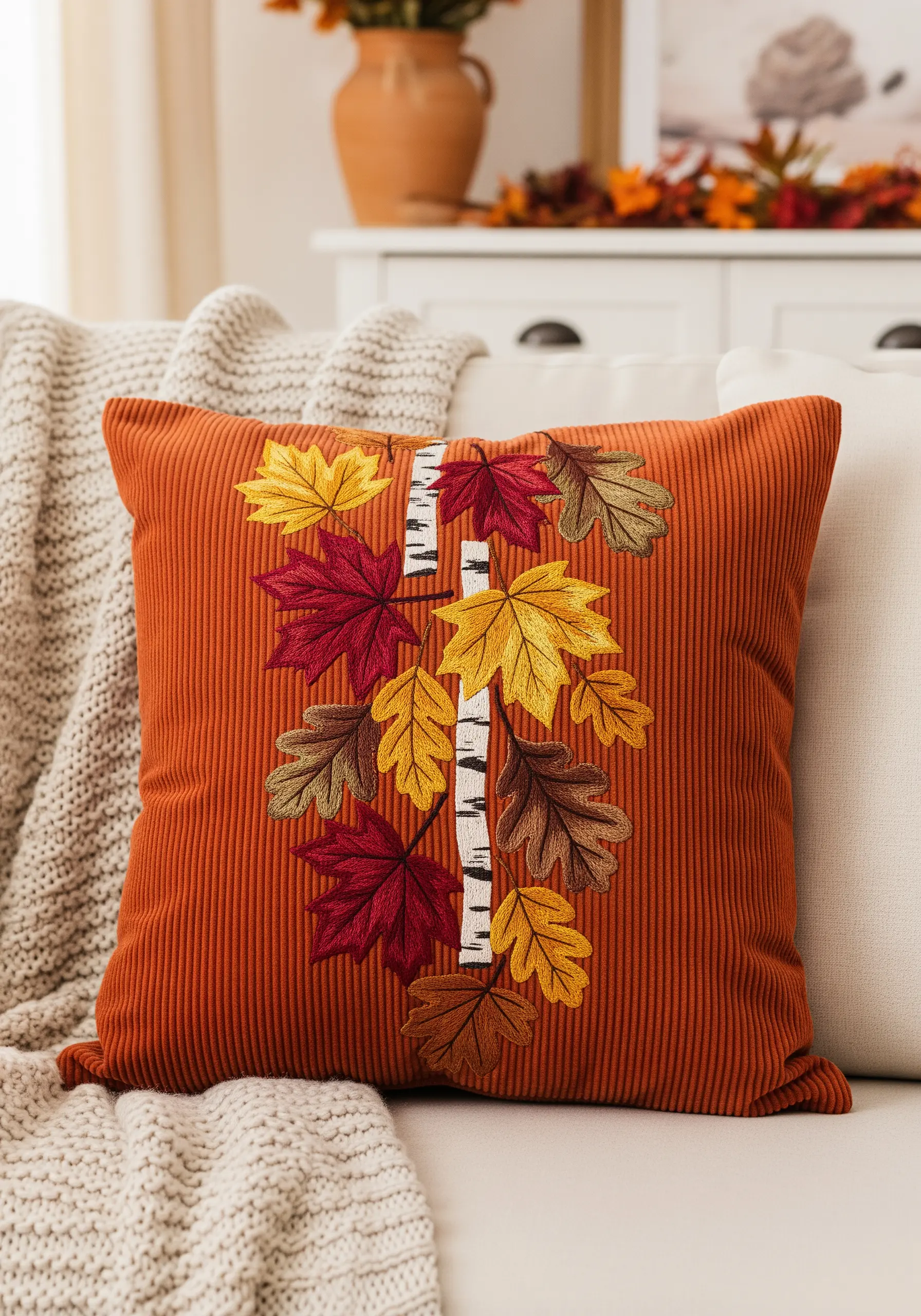 Autumn leaves embroidered on a burnt orange corduroy cushion.