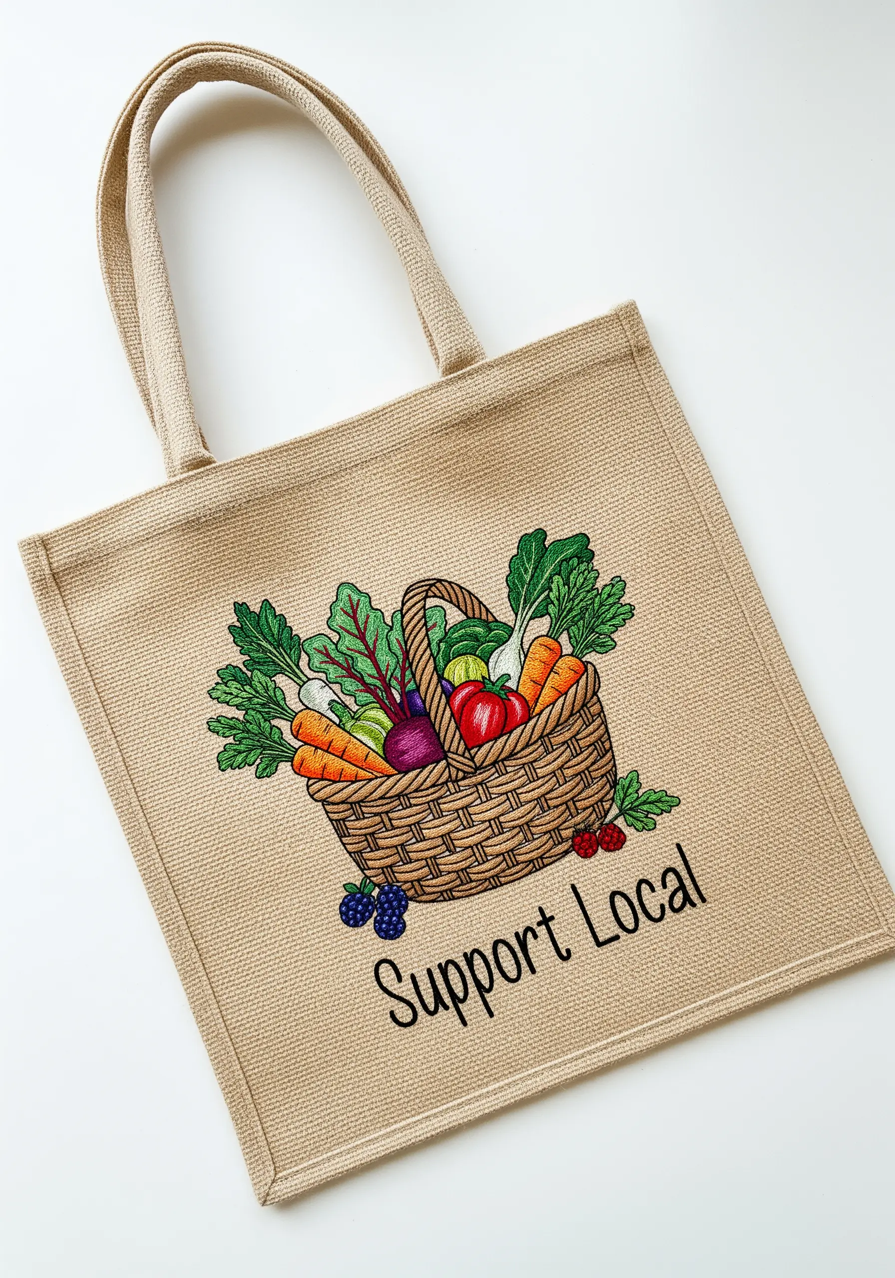 Embroidery of a basket of fresh vegetables on a burlap tote with 'Support Local' text.