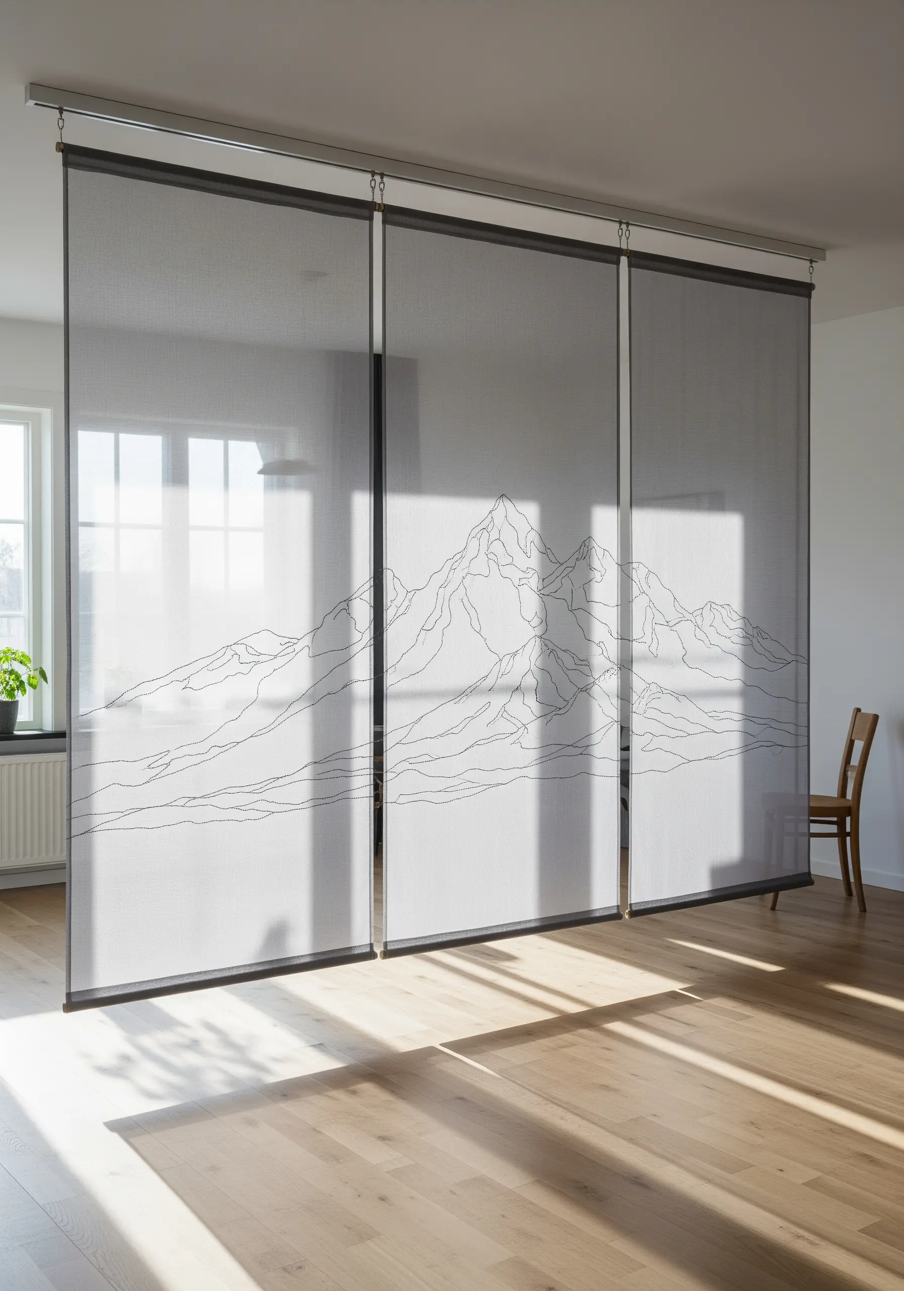 Minimalist mountain line art embroidered on three large, sheer gray fabric panels used as a room divider.