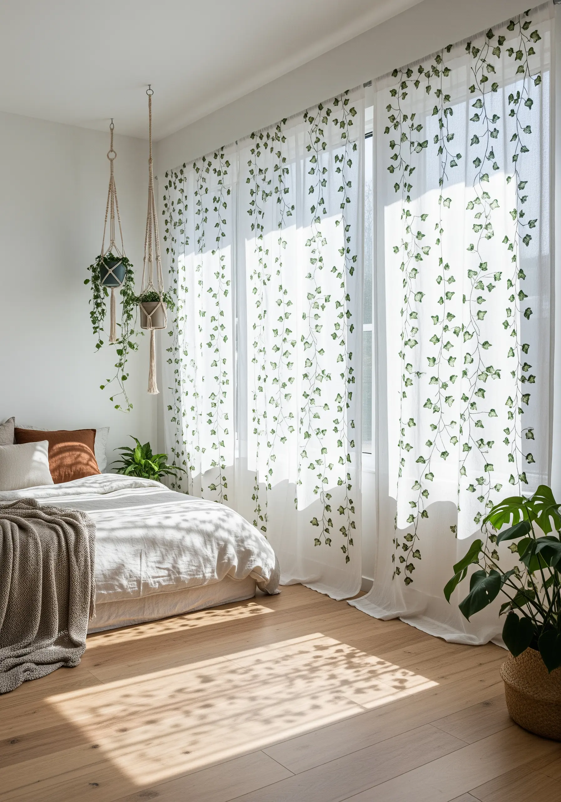 Sheer white curtains embroidered with delicate green ivy vines, hanging in a sunlit bedroom.
