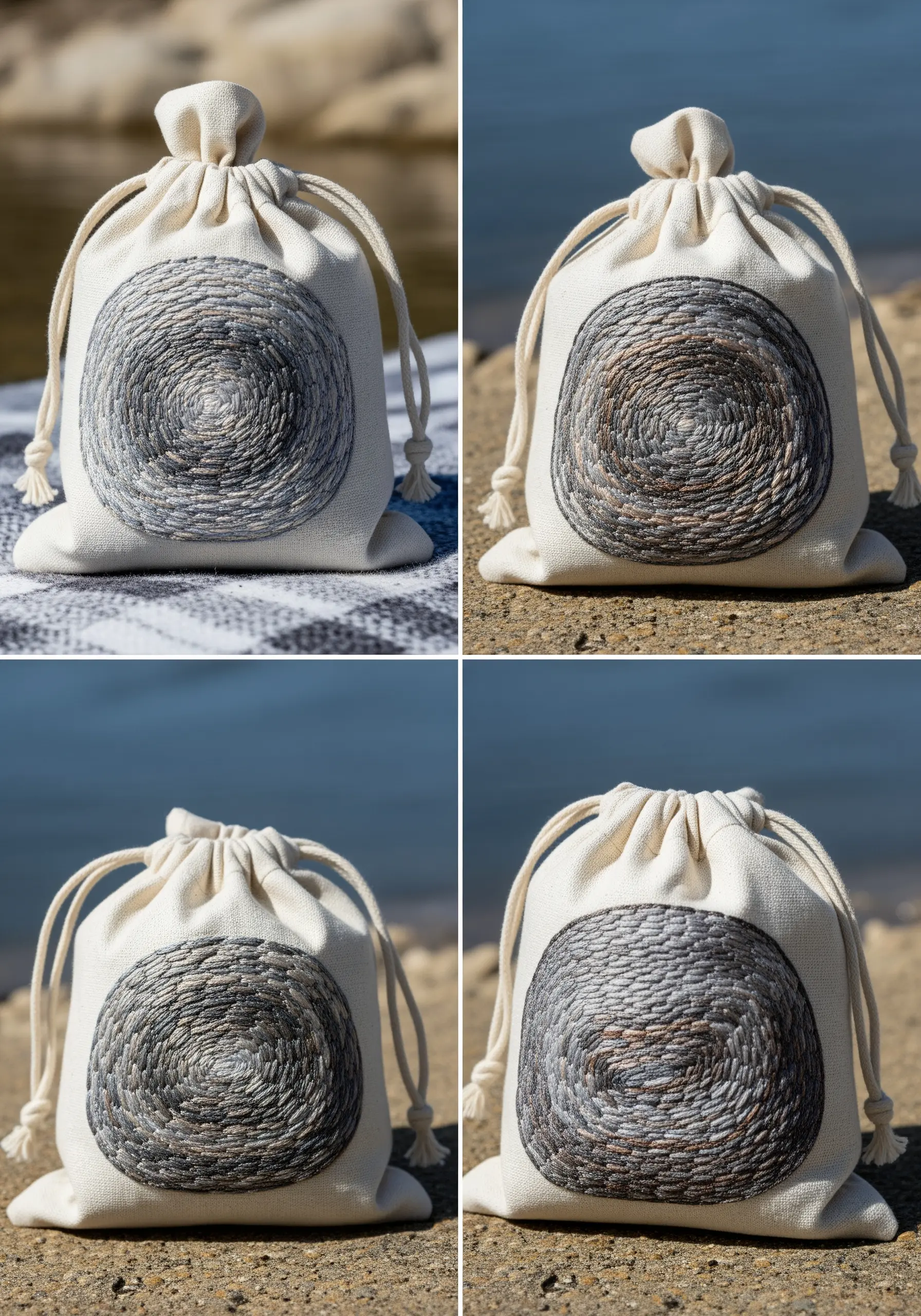 Four canvas drawstring bags, each embroidered with a spiraling, textured river stone design.