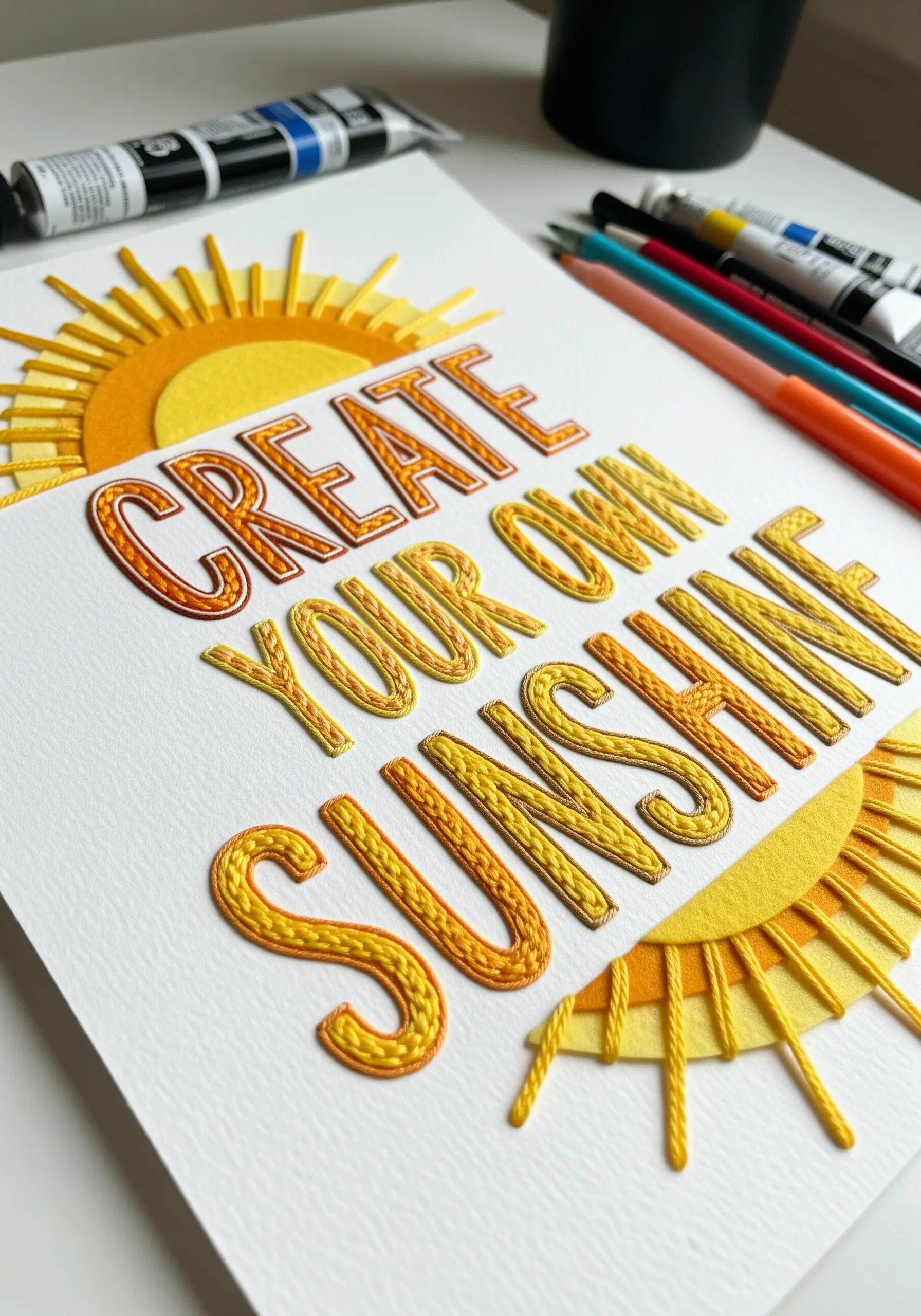Satin-stitched lettering on watercolor paper with painted sun motifs.