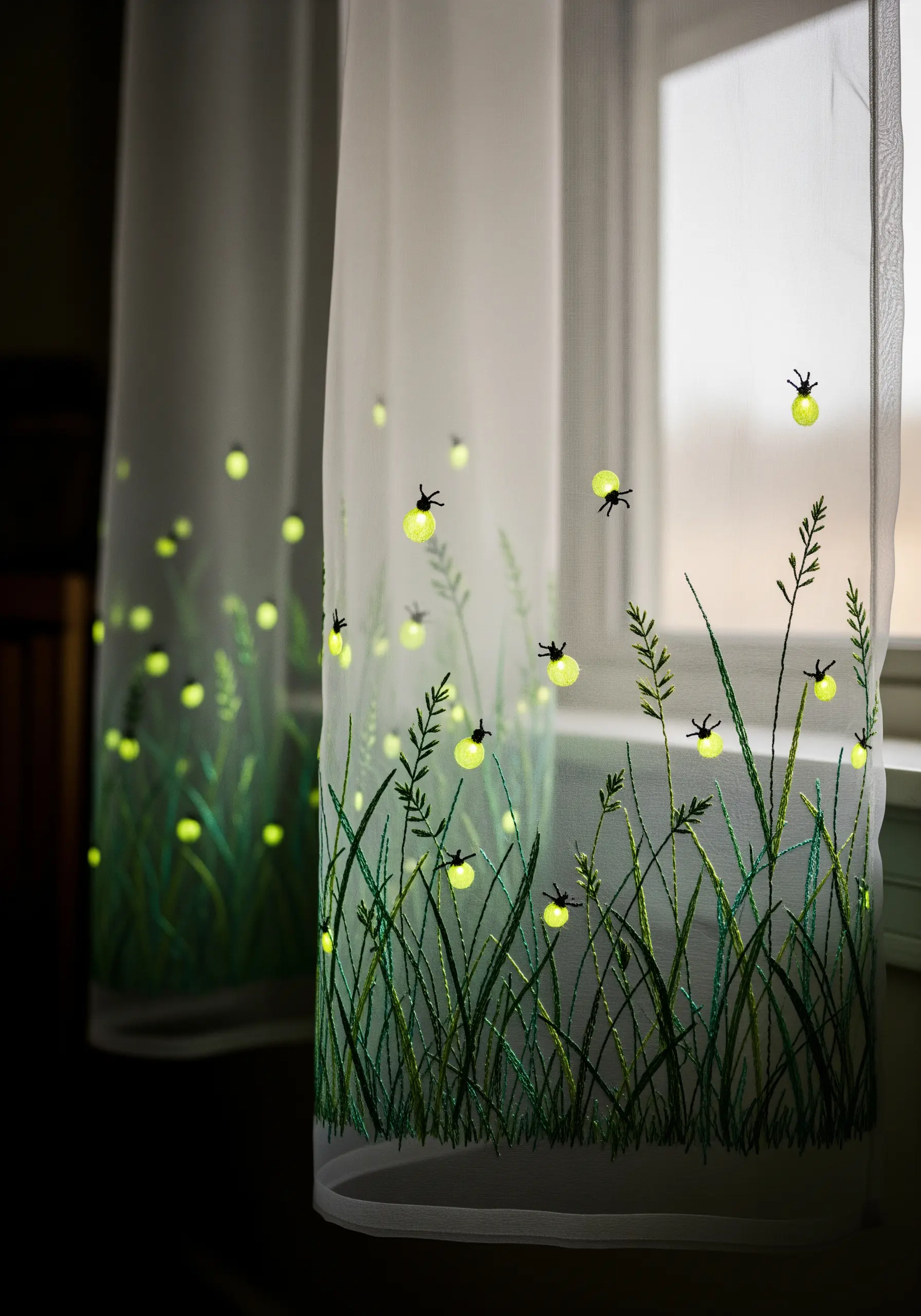 Fireflies embroidered with glow-in-the-dark thread on sheer curtains in a dark room.