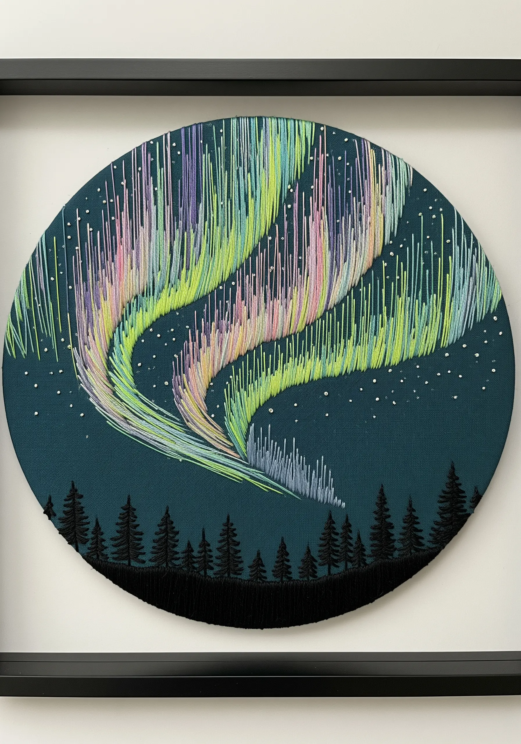 Embroidery of the aurora borealis with flowing vertical stitches in pastel greens, pinks, and purples.