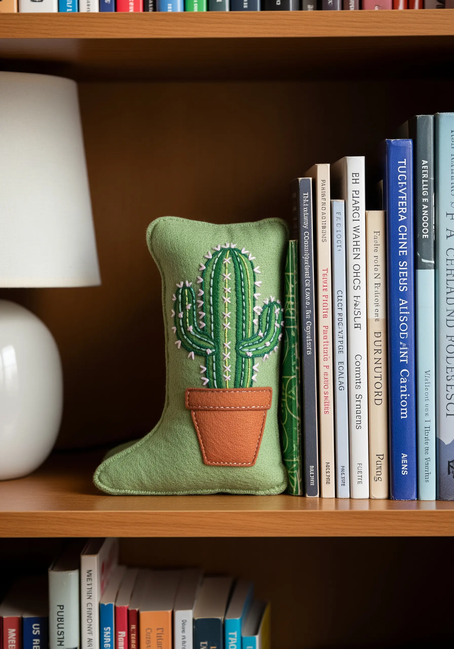 A soft, boot-shaped bookend with an embroidered cactus and an appliqué pot.