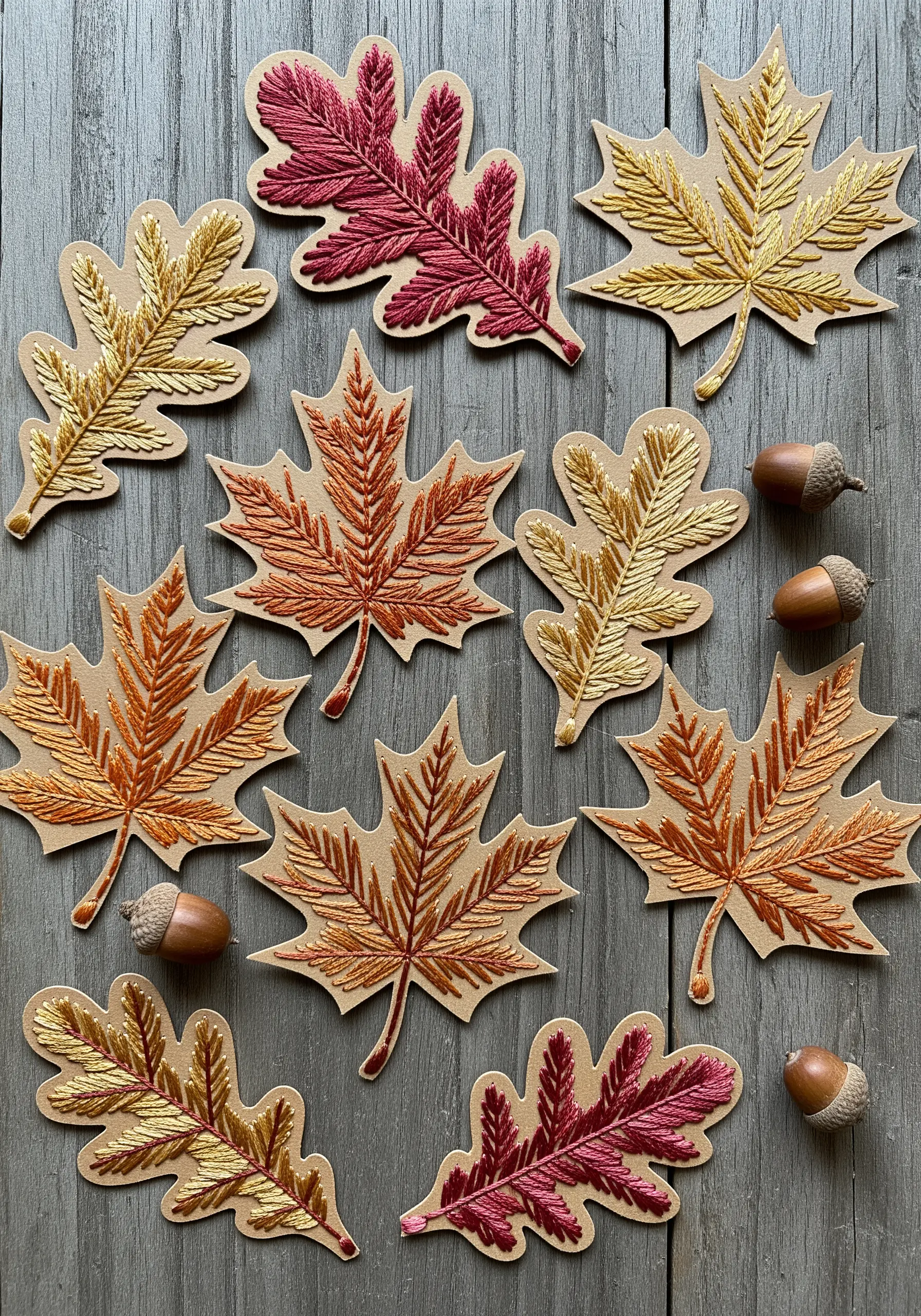 Autumn leaves embroidered with satin stitch gradients on kraft paper and cut out.