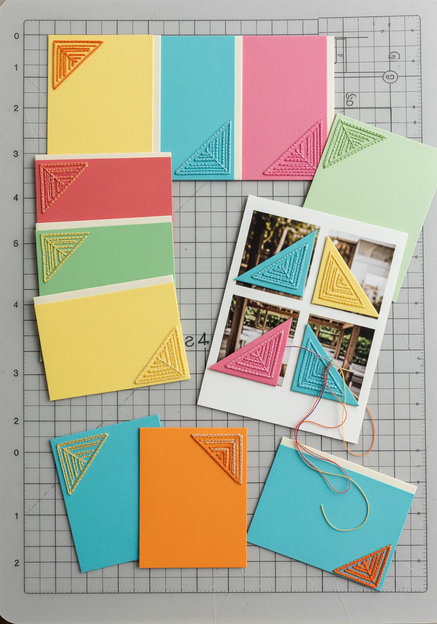 Colorful paper cards with geometric triangle designs stitched into the corners.