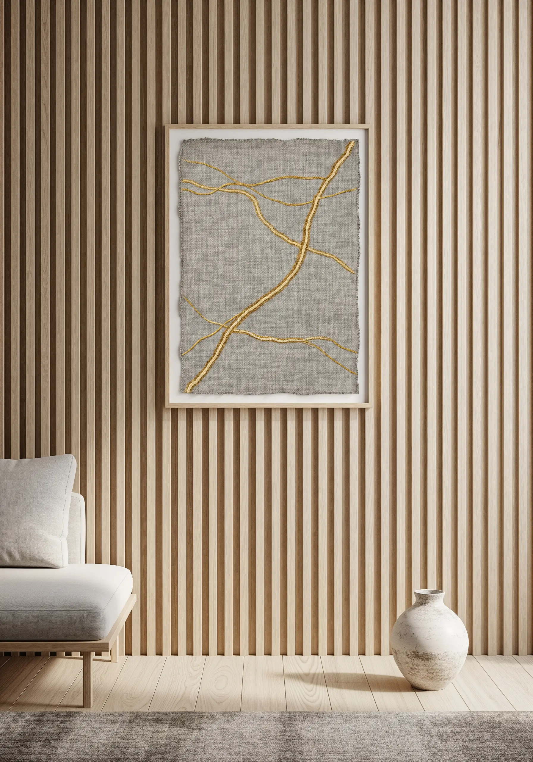 Gold thread stitched in a Kintsugi-inspired pattern on raw-edged linen.