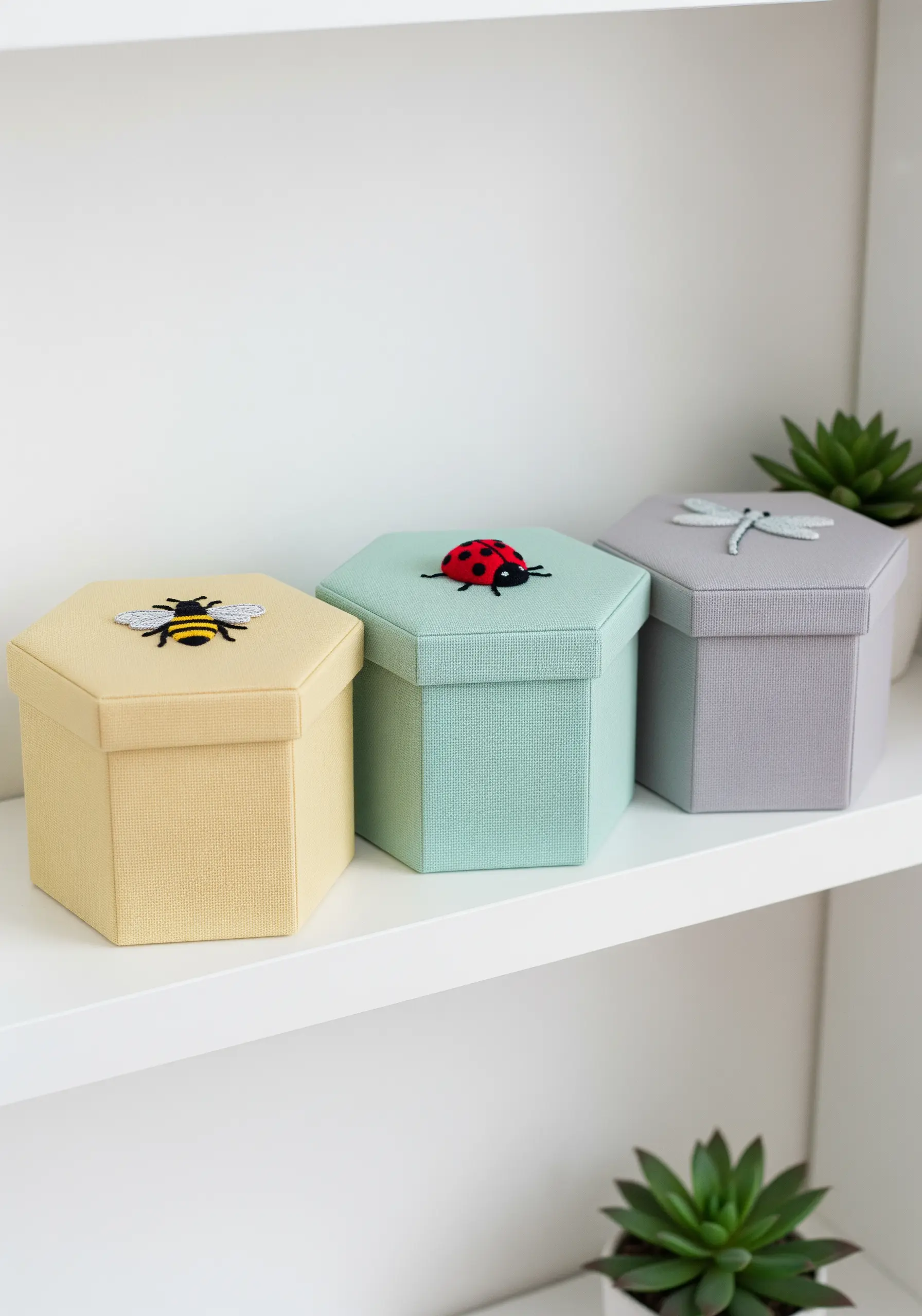 Three hexagonal fabric boxes with embroidered insects—a bee, ladybug, and dragonfly—on the lids.