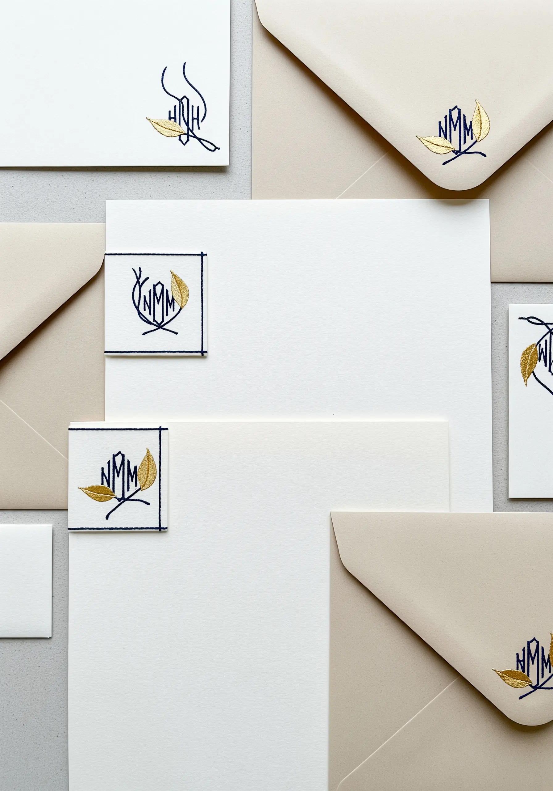 Monograms embroidered in blue and gold thread on small paper squares for stationery.