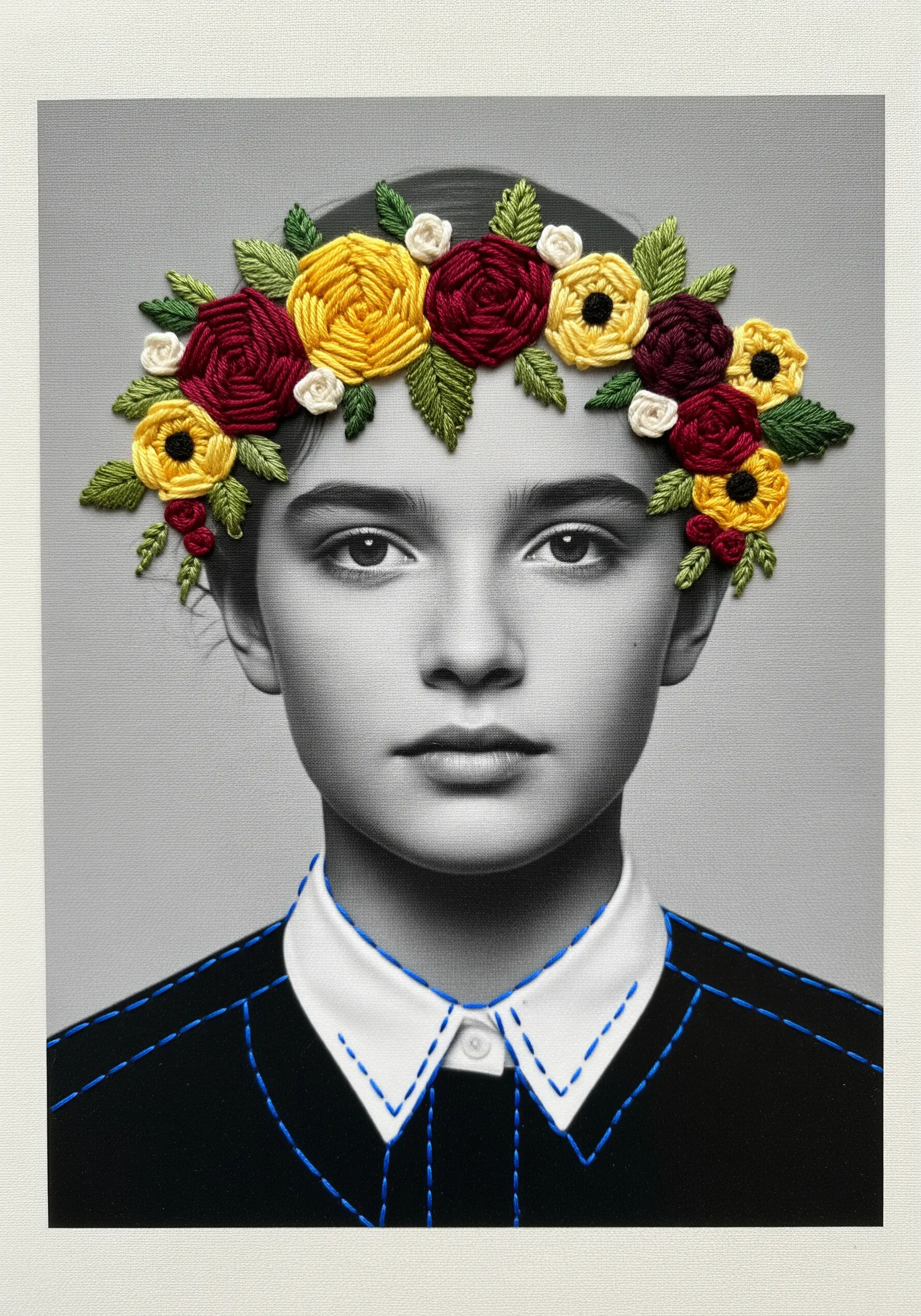 A black-and-white portrait of a girl with a colorful, dimensional embroidered flower crown on her head.