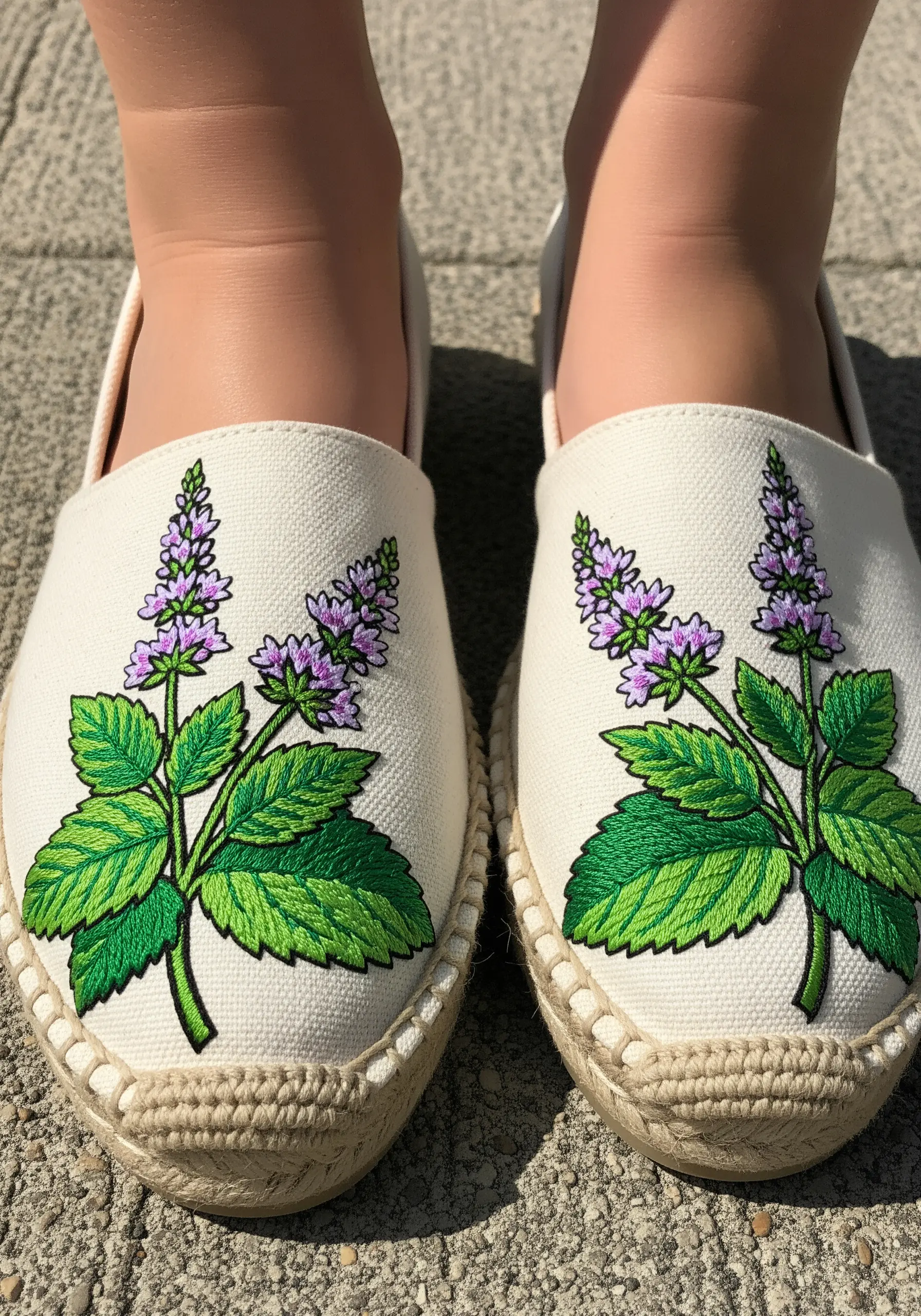 Detailed mint blossoms and leaves embroidered on the toes of canvas espadrille shoes.