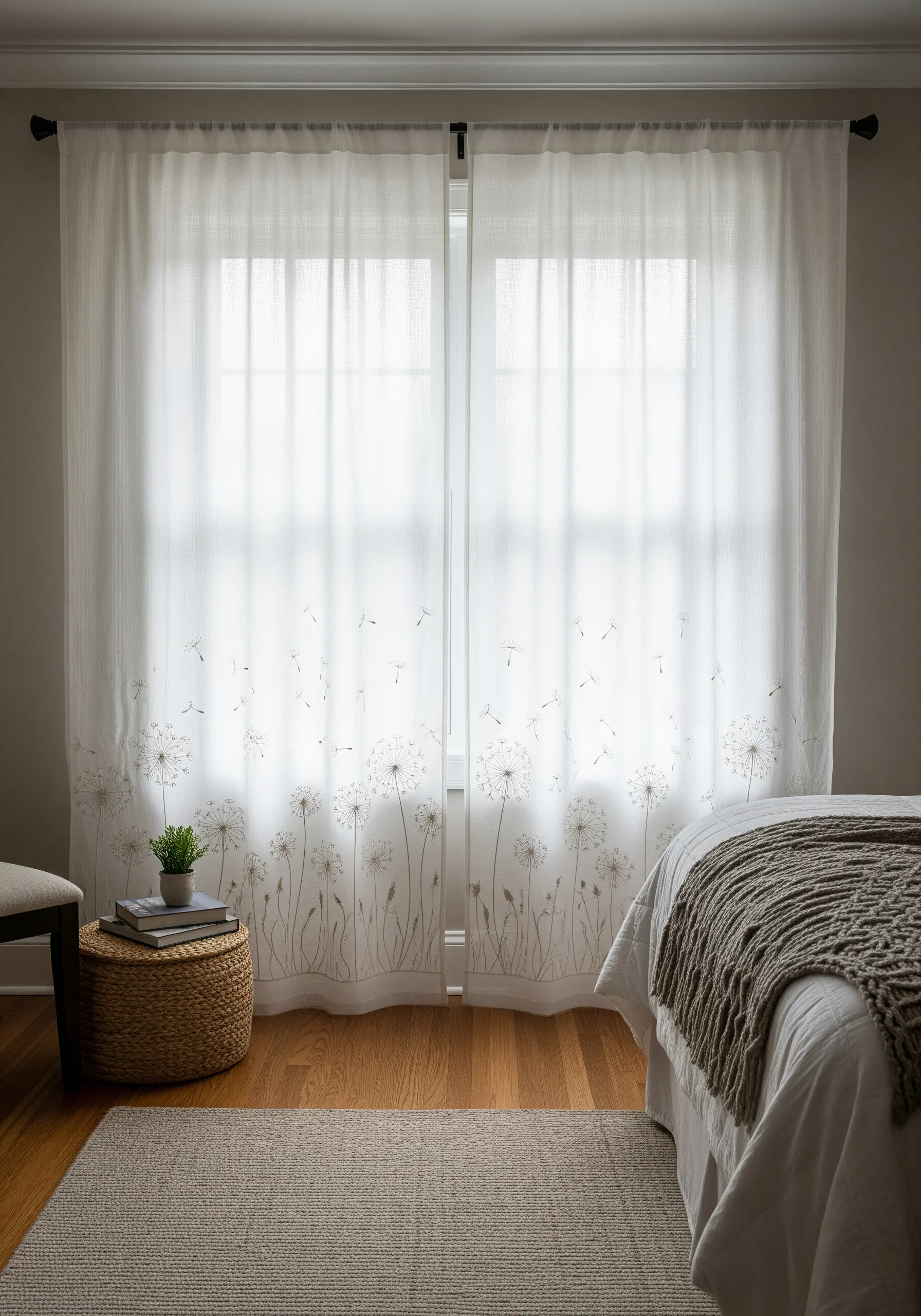Sheer white curtains with delicate dandelion embroidery along the bottom edge
