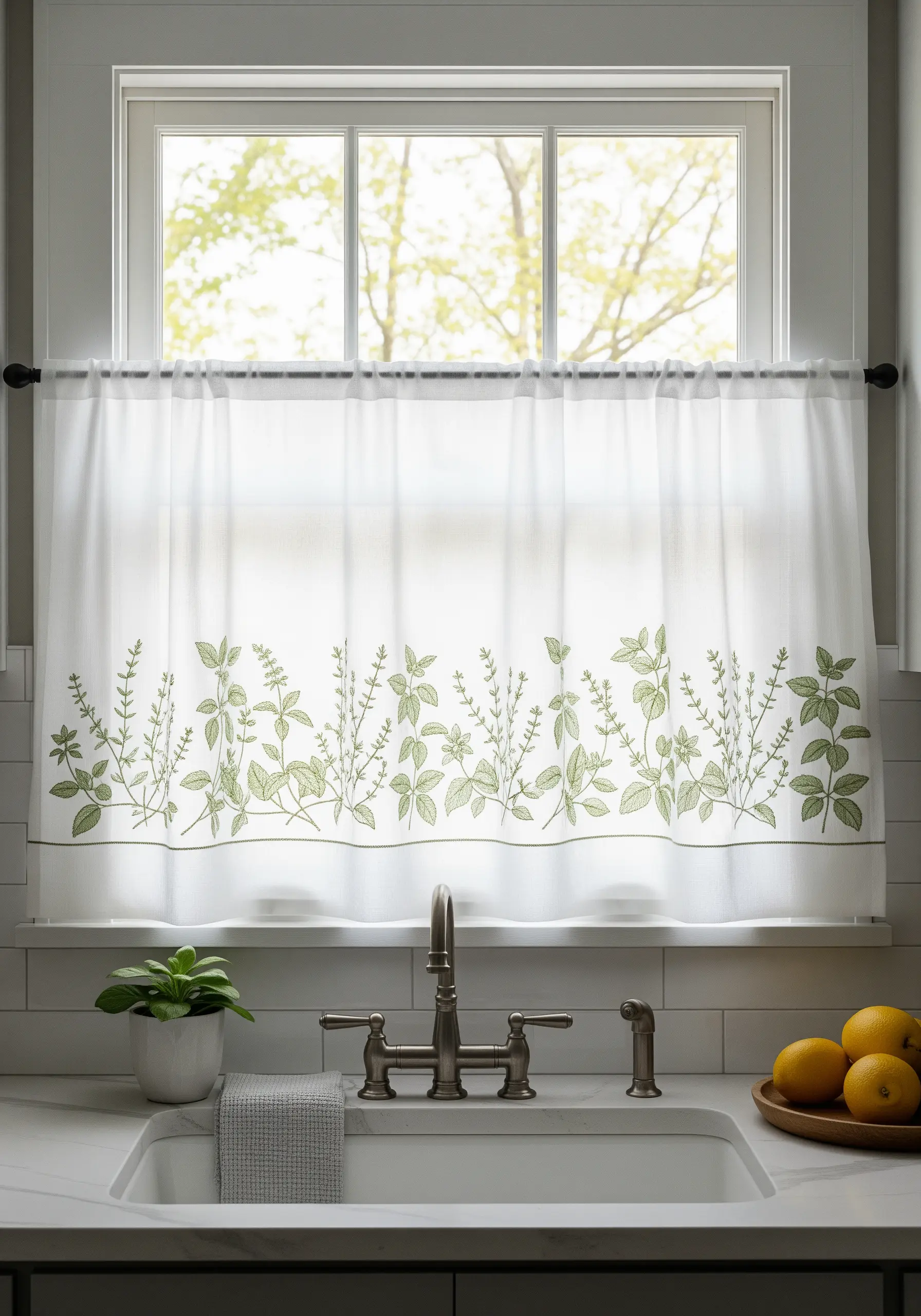 A light green herb border stitched along the bottom of a sheer white kitchen curtain.