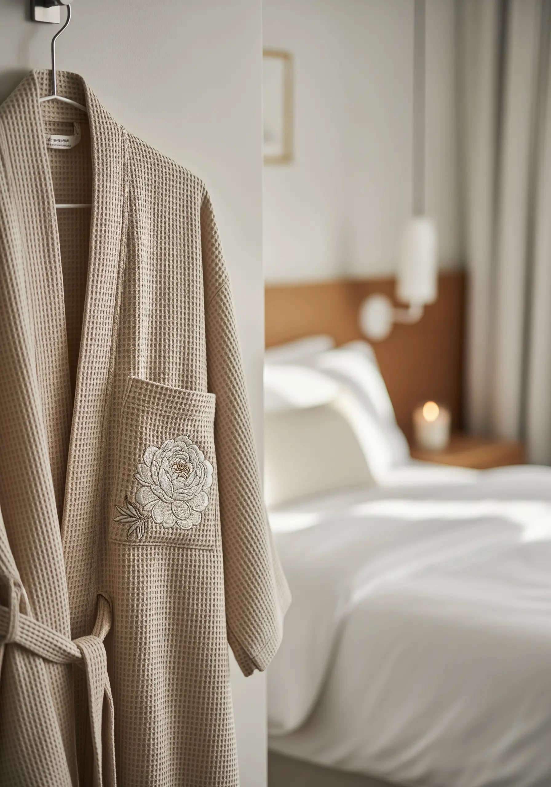 A detailed peony flower embroidered on the pocket of a neutral-colored waffle weave robe.