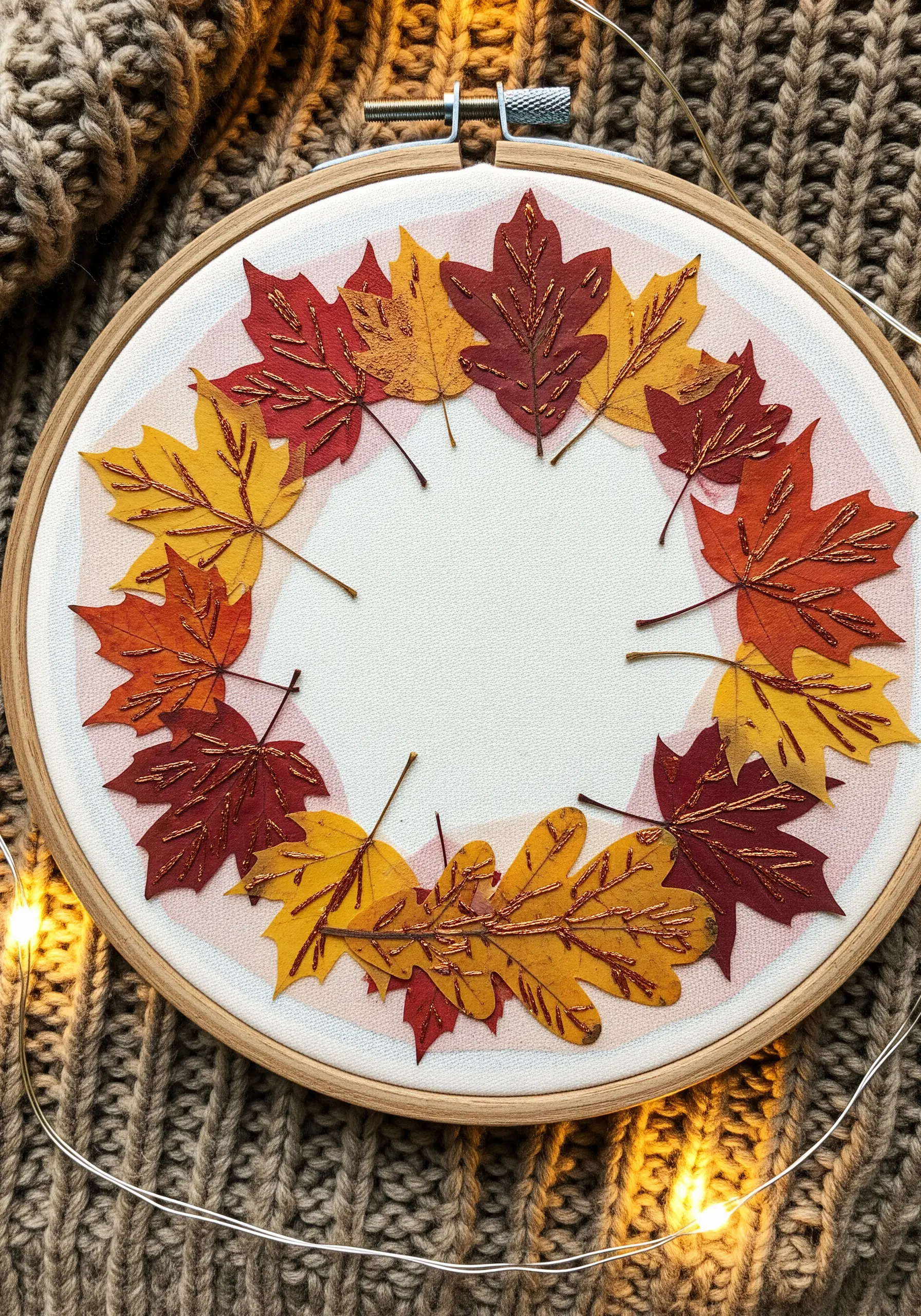 A wreath of pressed autumn leaves with their central veins highlighted with copper embroidery thread.
