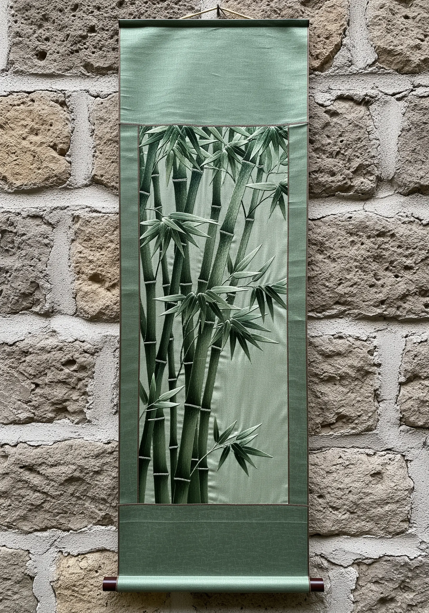 Green bamboo embroidery on a vertical hanging scroll