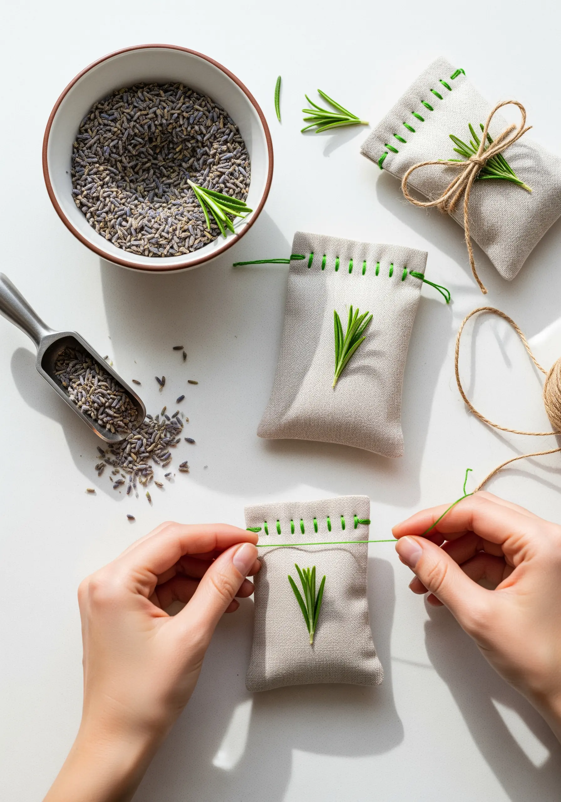 Linen lavender sachets being closed with a decorative green blanket stitch at the top.