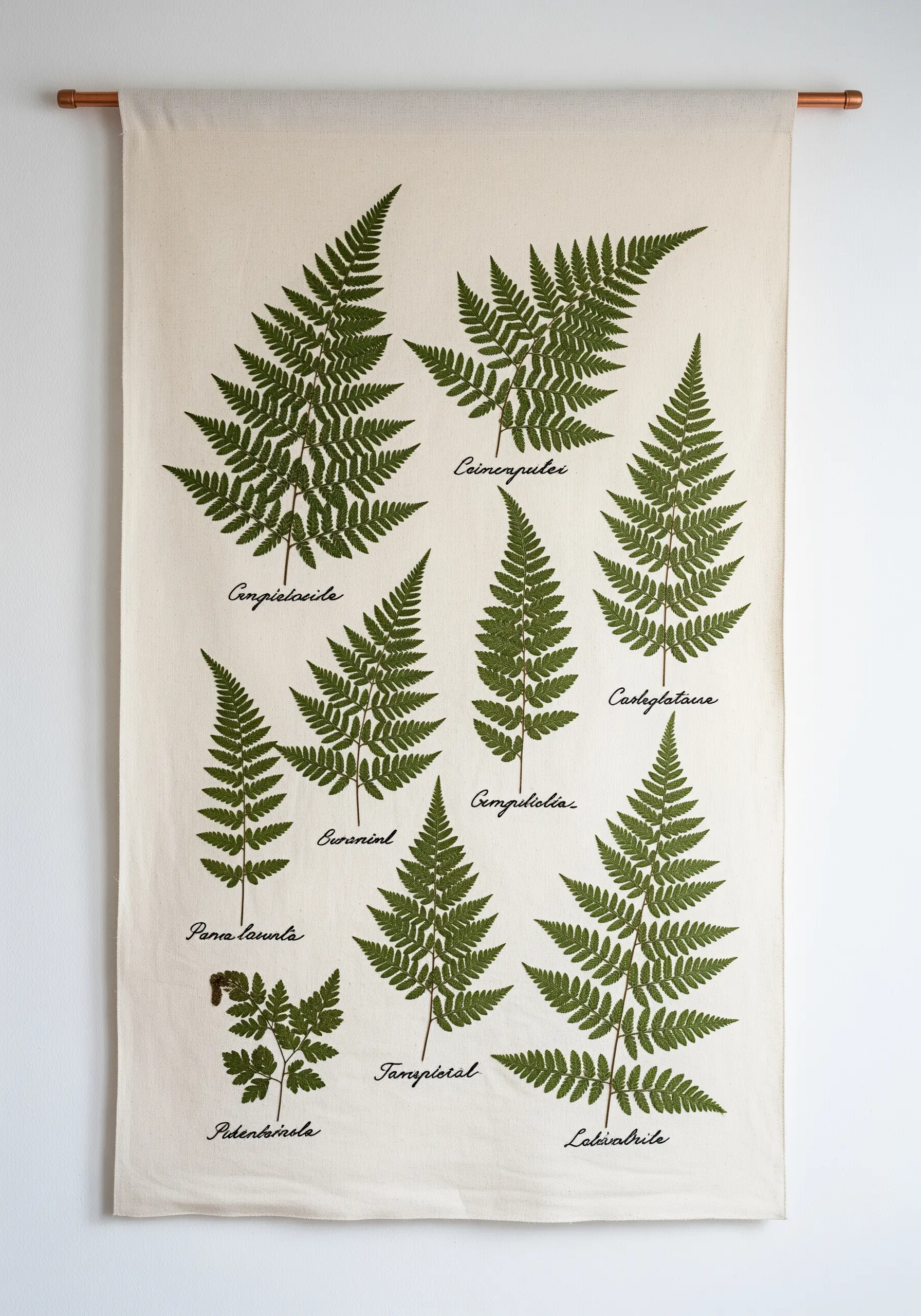 A wall hanging featuring nine different embroidered ferns with their names in script.