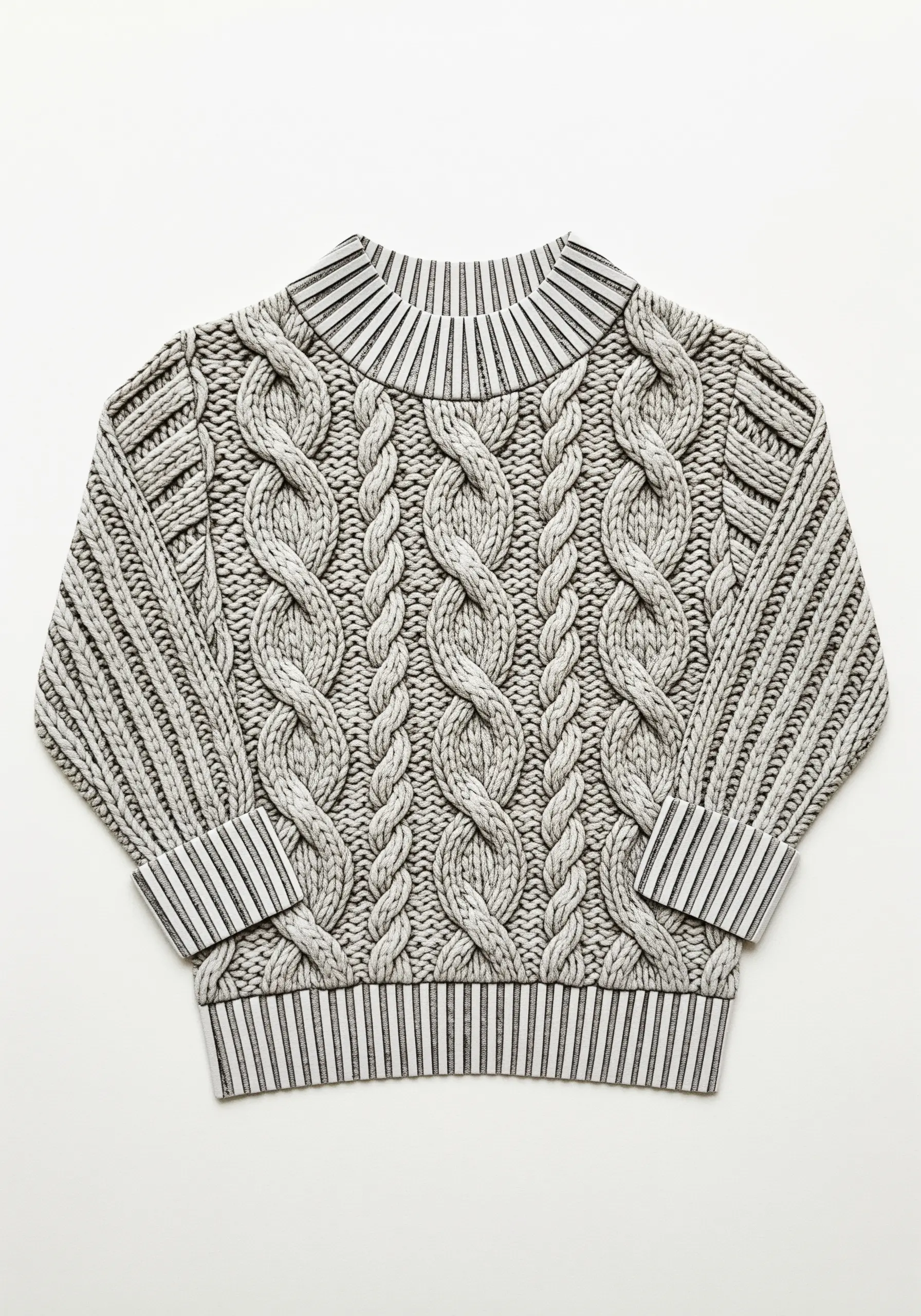 A realistic paper collage of a cozy gray cable-knit sweater against a white background.