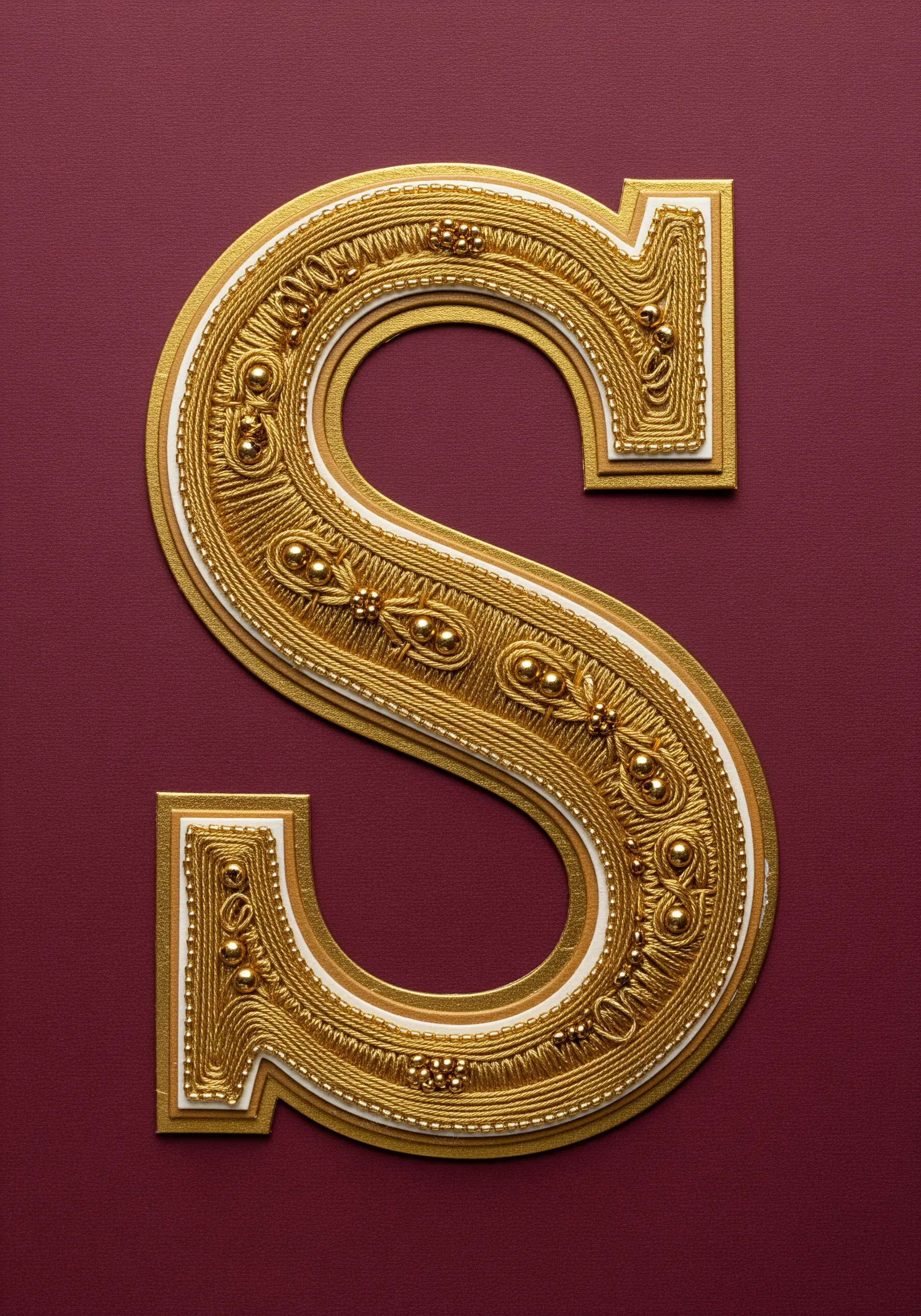 An ornate letter 'S' decorated with gold cords, coils, and beads to imitate goldwork embroidery.