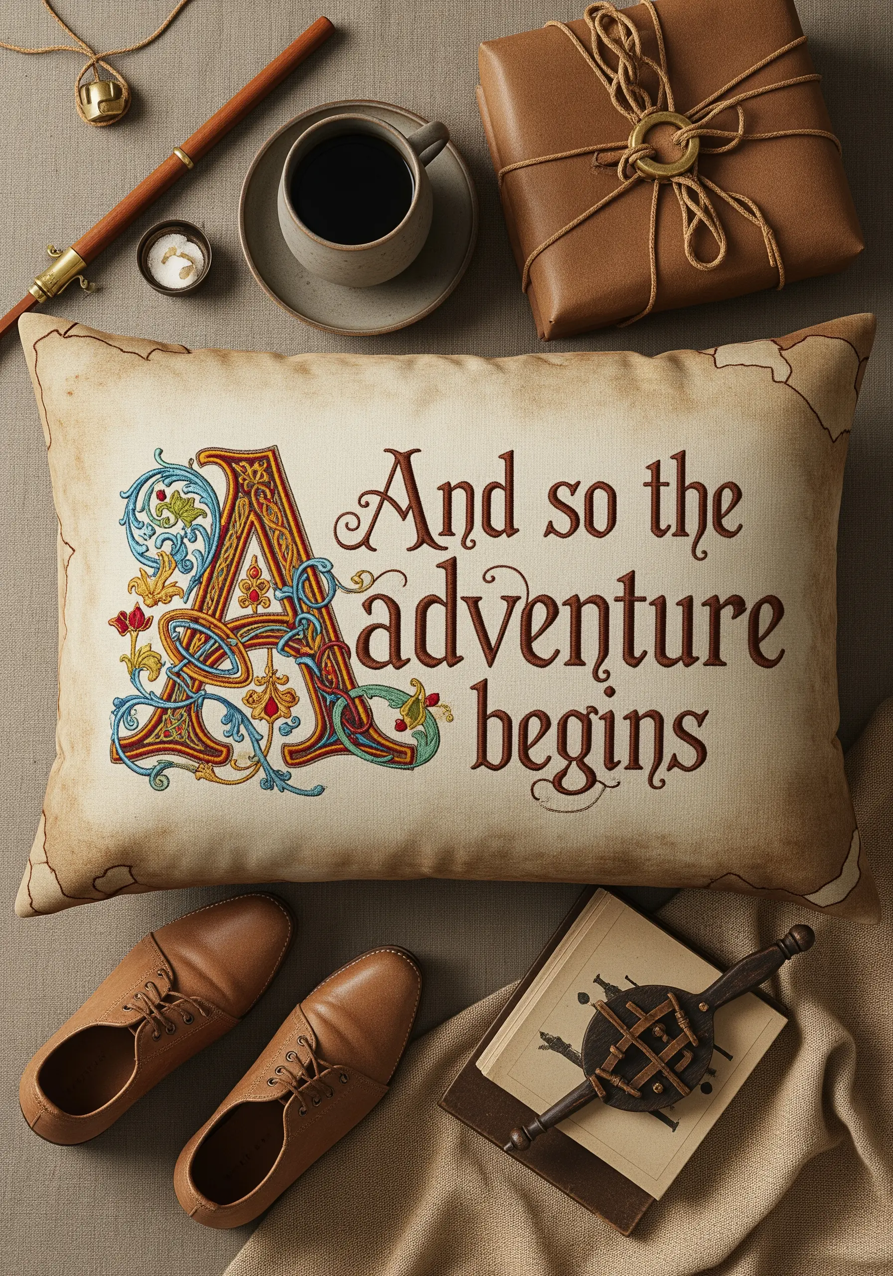 An ornate, illuminated manuscript-style letter 'A' beginning a quote on an aged-looking pillow.