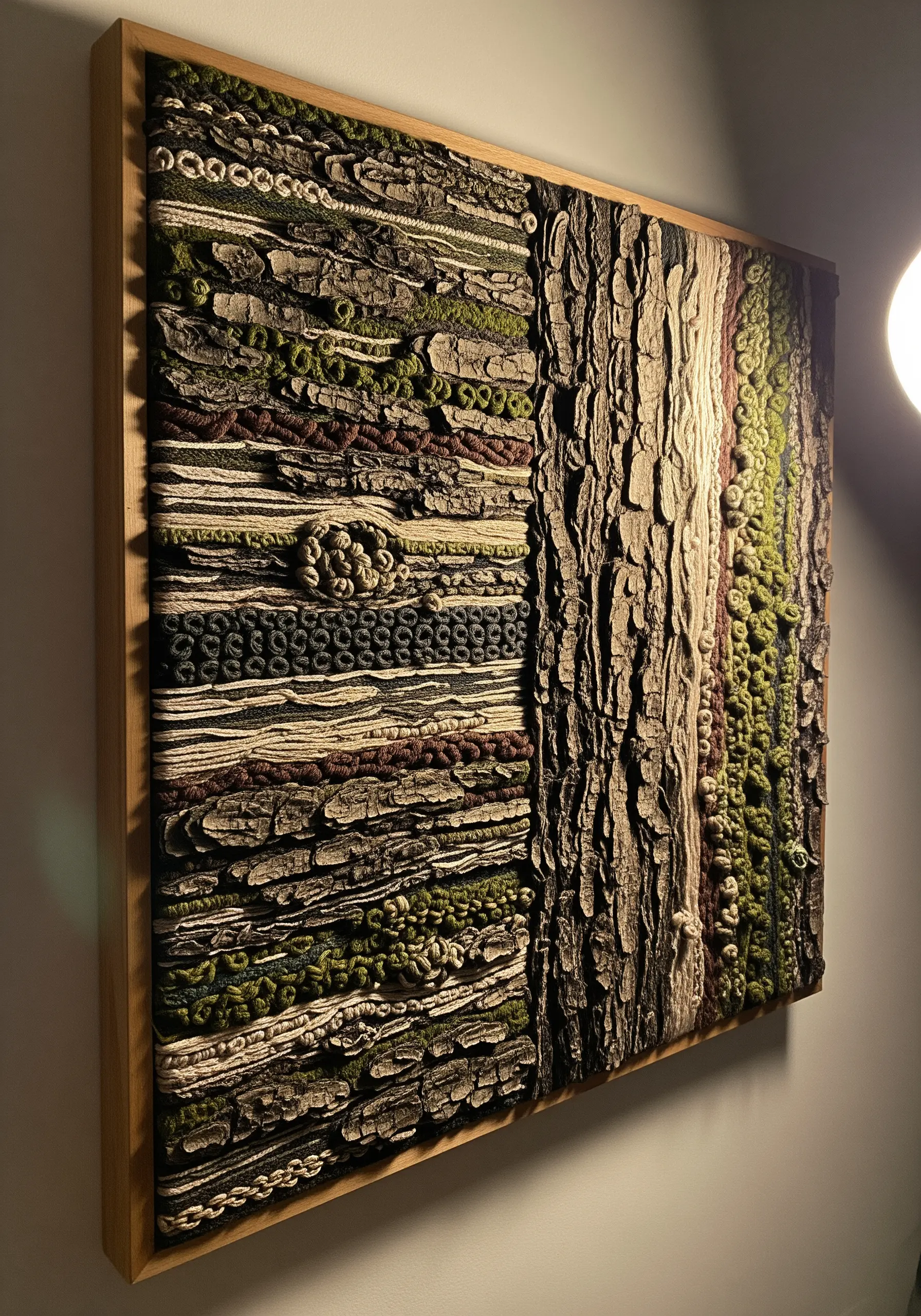 Highly textured, abstract embroidery inspired by tree bark and moss using various knots and yarns.
