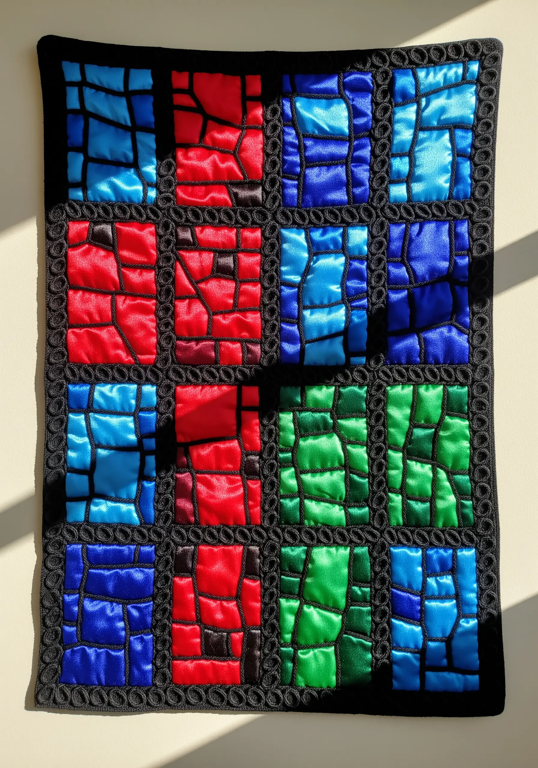 A textile art piece that mimics a stained glass window with colorful, shiny fabric and black cording.