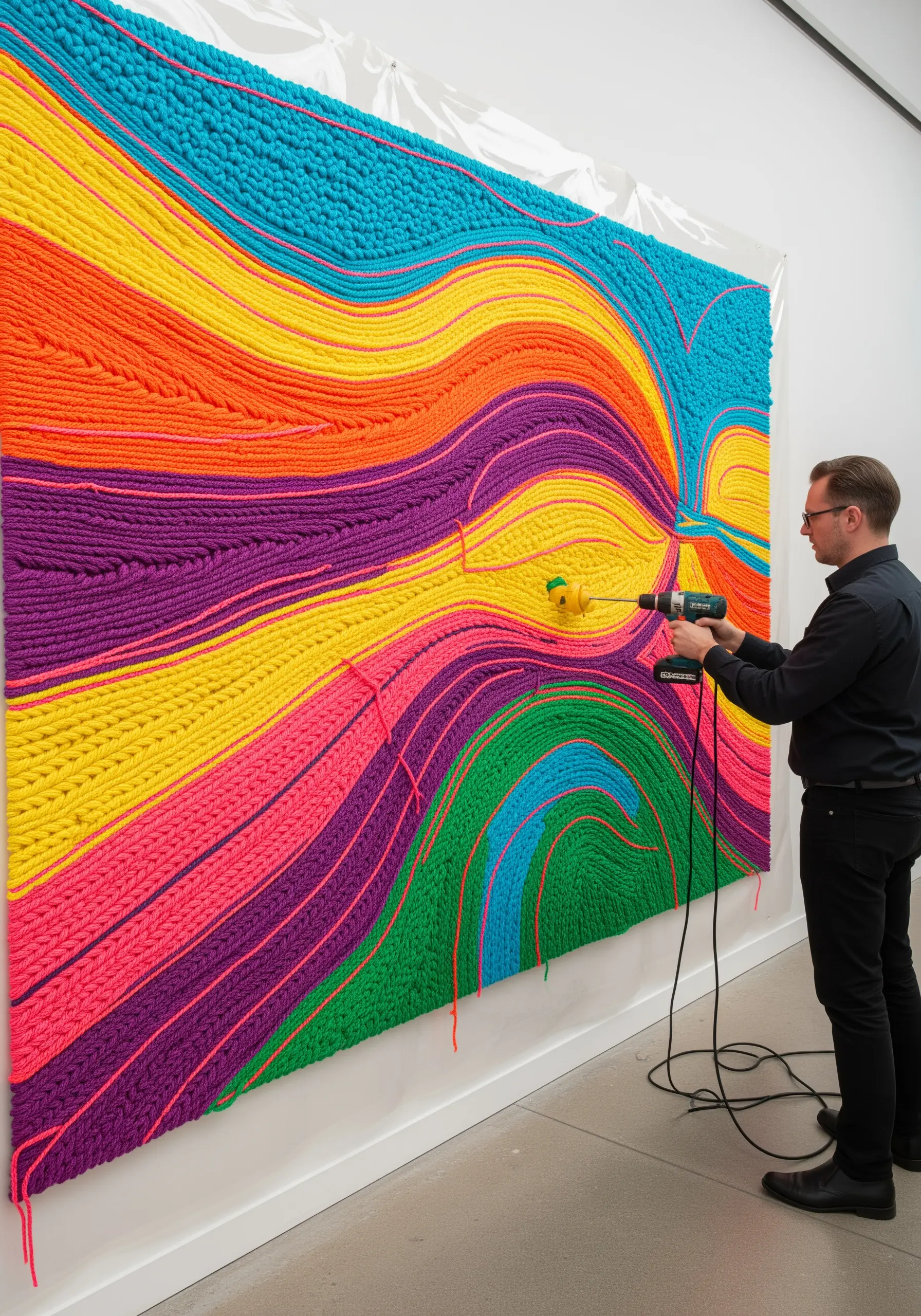A person using a drill-like tool to create a large, colorful tufted yarn wall hanging.