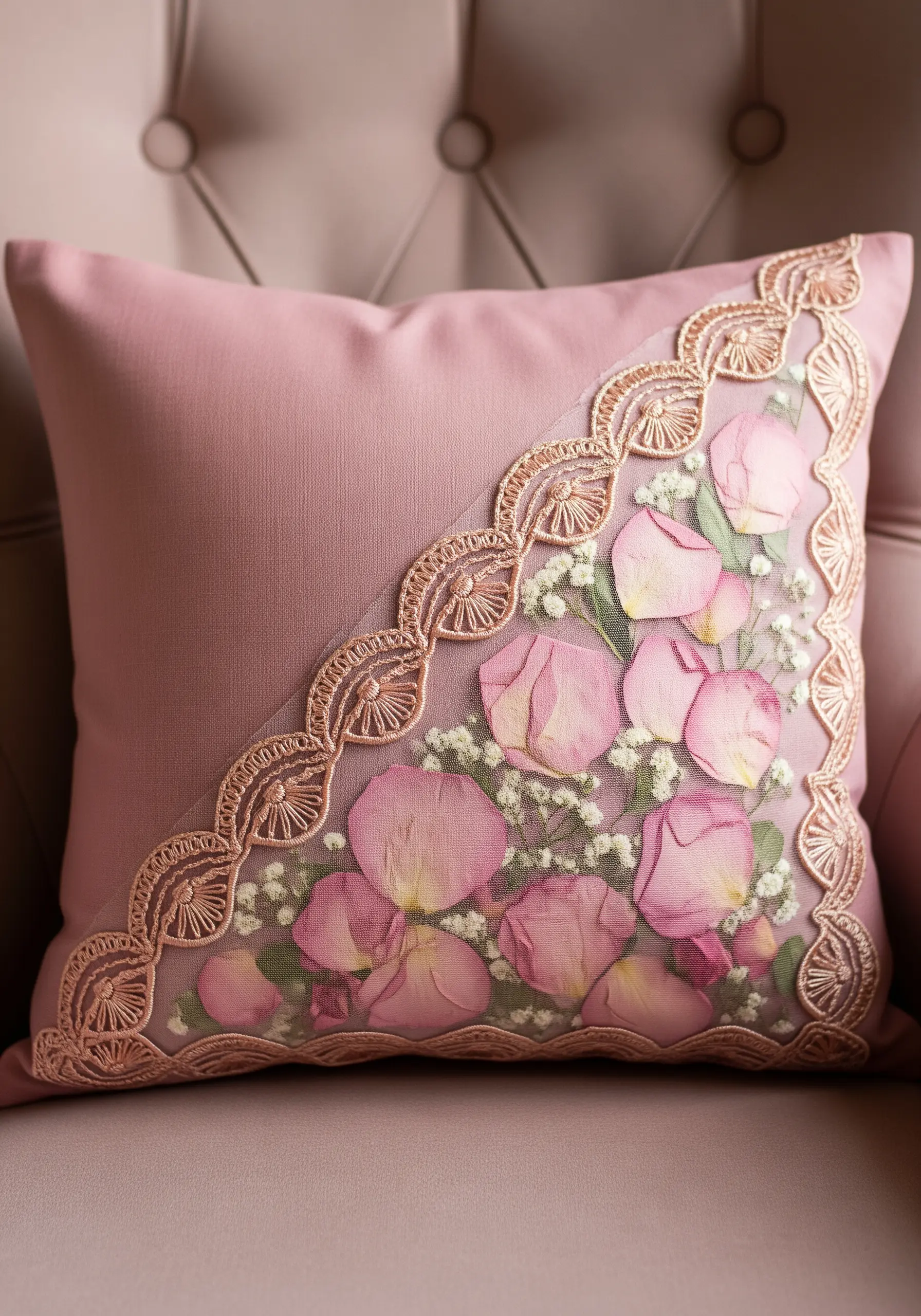 Pressed pink rose petals secured on a cushion under a layer of tulle and decorative lace.