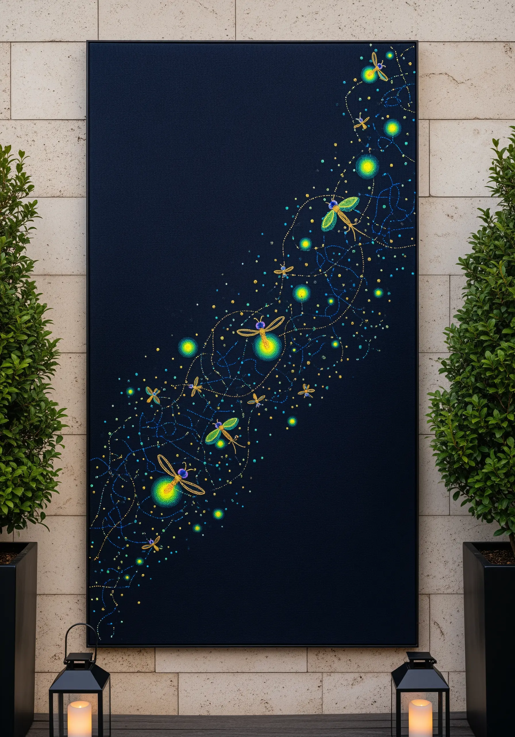 A dark canvas embroidered with swirling trails of metallic thread and glowing neon fireflies.