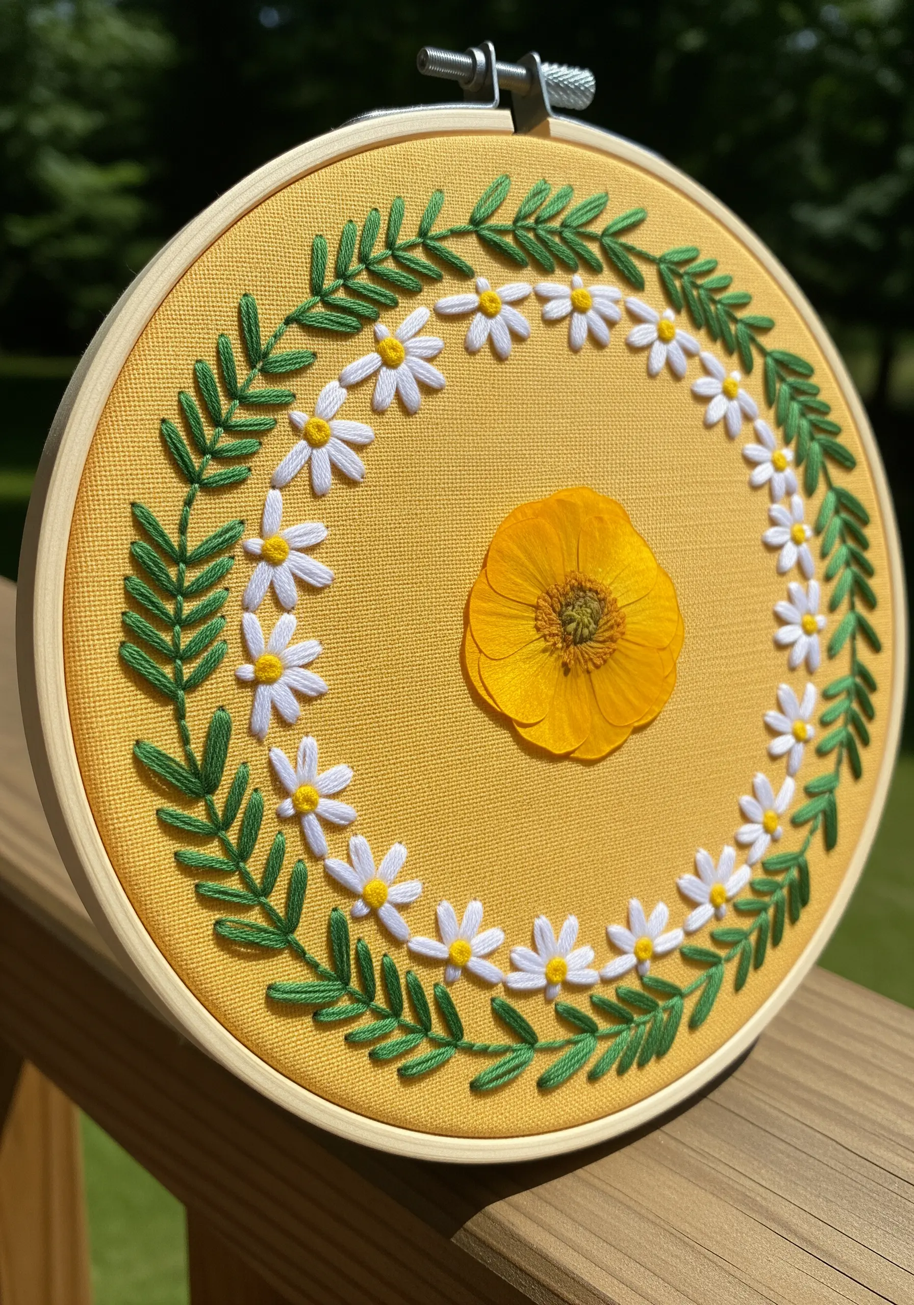 A pressed yellow flower centered inside a wreath of embroidered daisies and green leaves on yellow fabric.