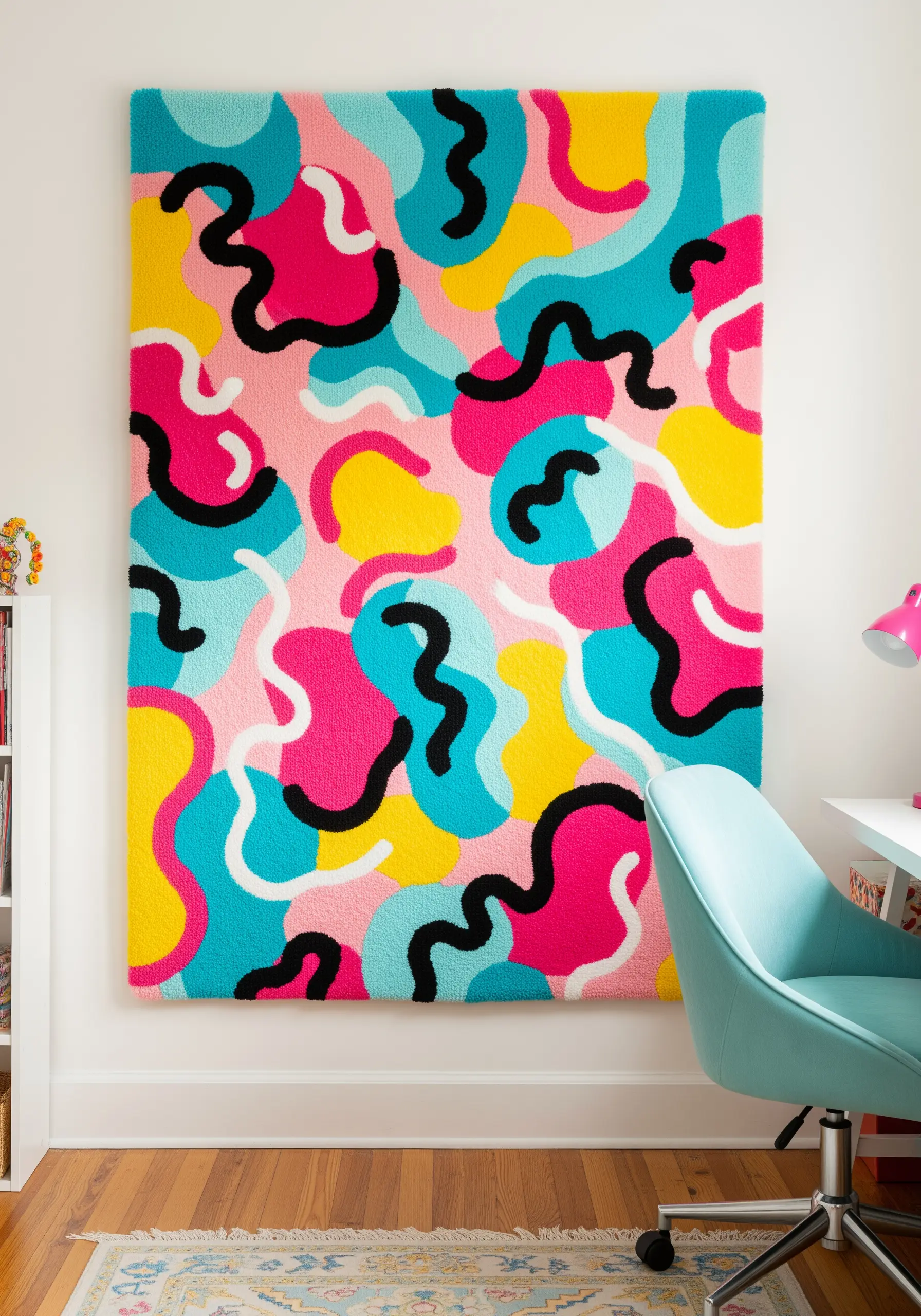Vibrant punch needle rug with abstract shapes in pink, turquoise, yellow, and black.