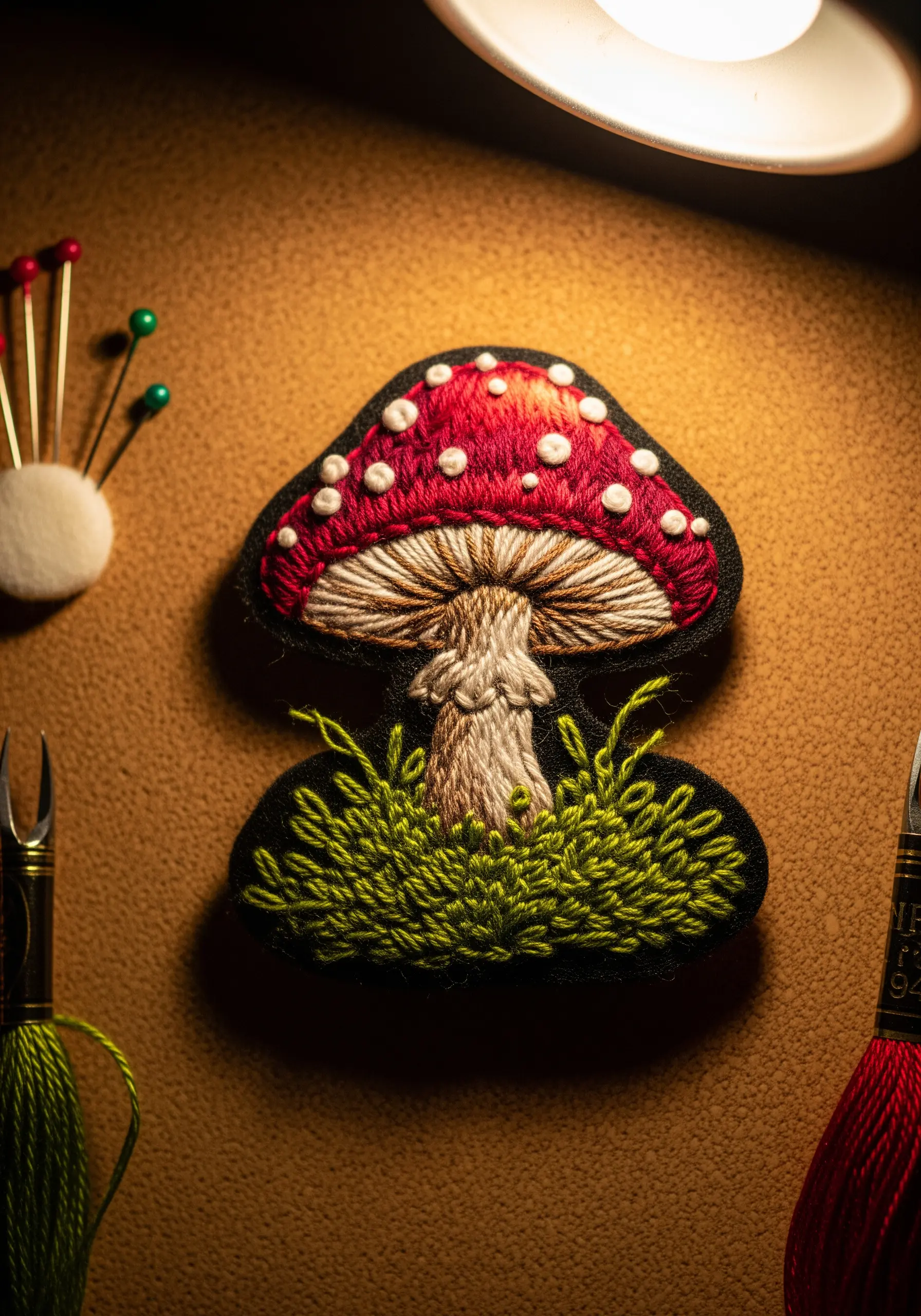 A dimensional embroidered patch of a red and white mushroom on a black felt base.